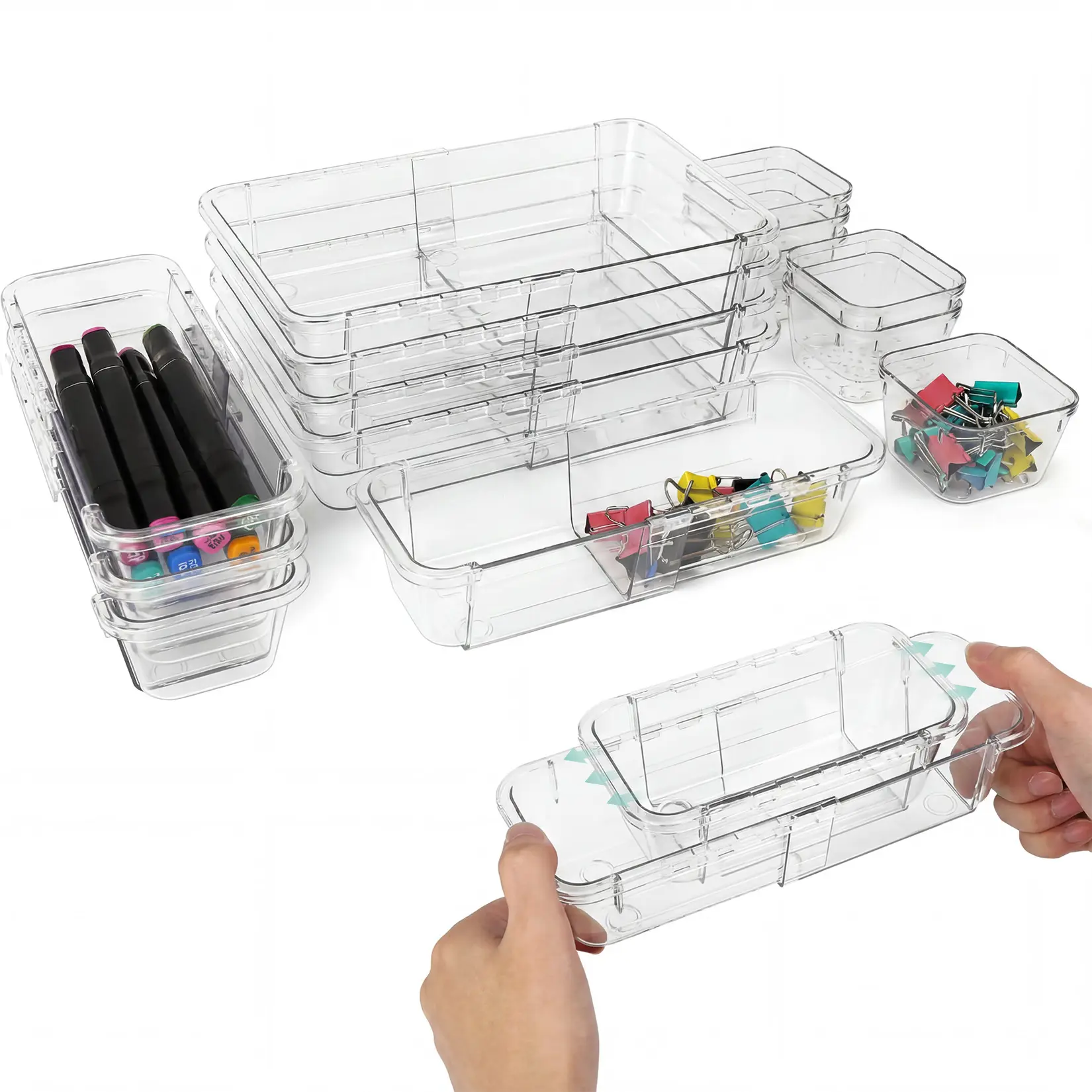 14 Pack Expandable Drawer Organizer Bins Adjustable Clear PET Plastic Drawer Divider Trays Storage Bins for Kitchen Bathroom Makeup Vanity Office Desk