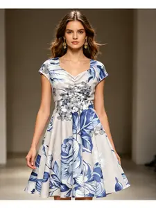 Women's Blue Floral Print Fit & Flare Dress - Sweetheart Neck Cap Sleeve A-Line Midi for Work & Brunch