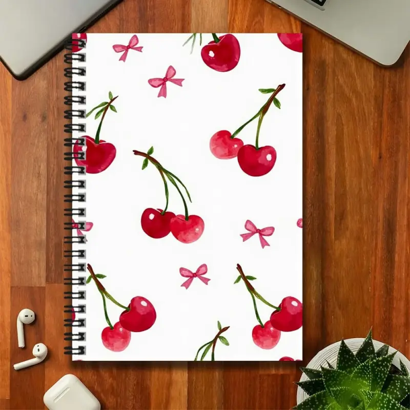 A fresh watercolor-style cherry bow pattern spiral notebook, Cute notepads, a great aid for work and study, can be used for journaling, making plans and writing notes. A gift choice for graduation ceremonies, birt