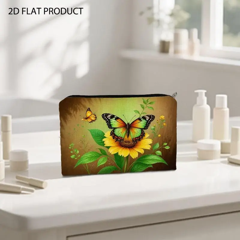 Vibrant Butterfly & Sunflower Print Cosmetic Bag, Colorful Artistic Pattern Design with 5.9*8.66inch Size, Portable Stylish Makeup Organizer for Storing Beauty Essentials During Travel & Daily Outings