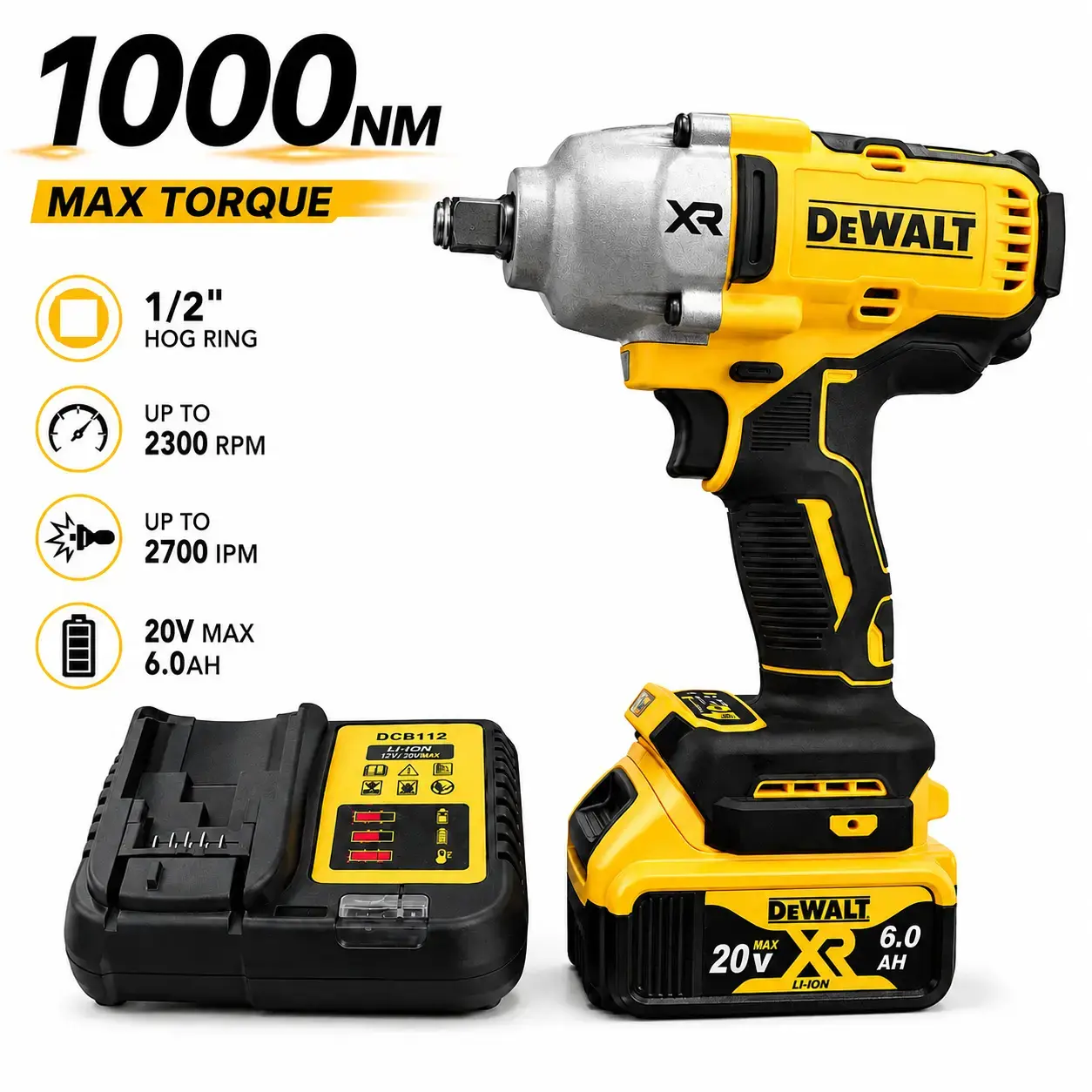 DEWALT DCF900 1/2 in Cordless Impact Wrench - 20V Brushless, Hog Ring Anvil, Heavy Duty Torque, with Battery, DIY, Cordless Ratchet Wrench Multitools & Accessories (Tools & Hardware), 1/2 Inch