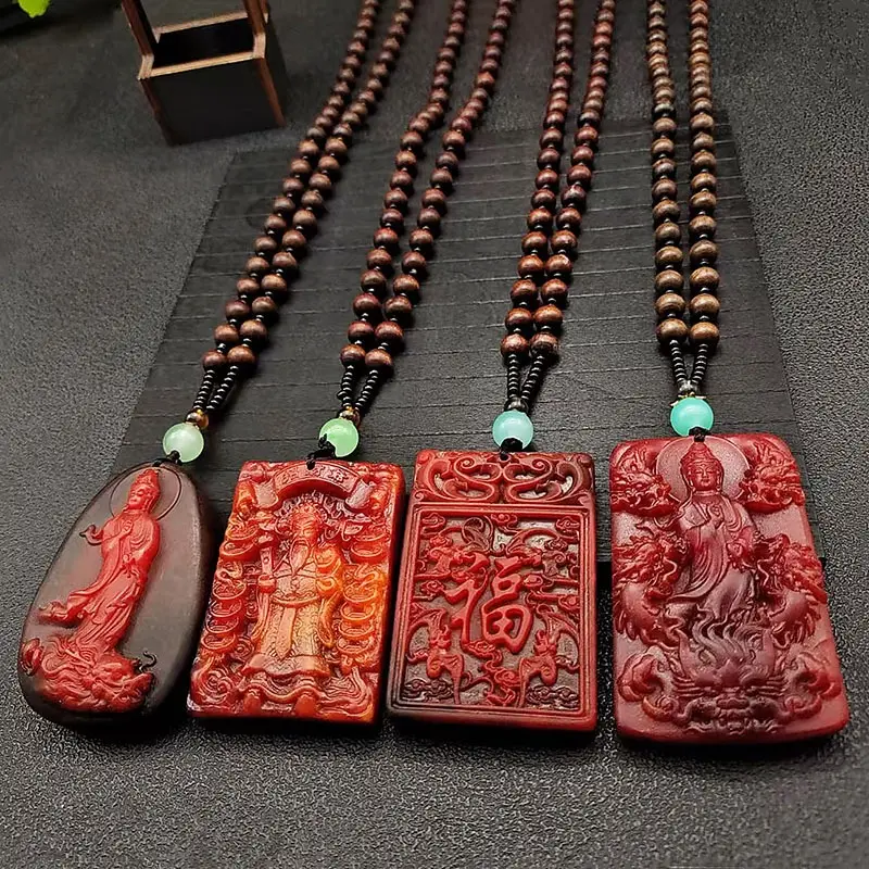 Oriental God of Wealth Square Pendant Beaded Necklace, Traditional Folk Decorative Wealth Deity Pattern Rectangle Sweater Chain, Vintage Red Tone Carved Decor Long Necklace Carrying Wishes for Stable Gains & Smooth Daily Life