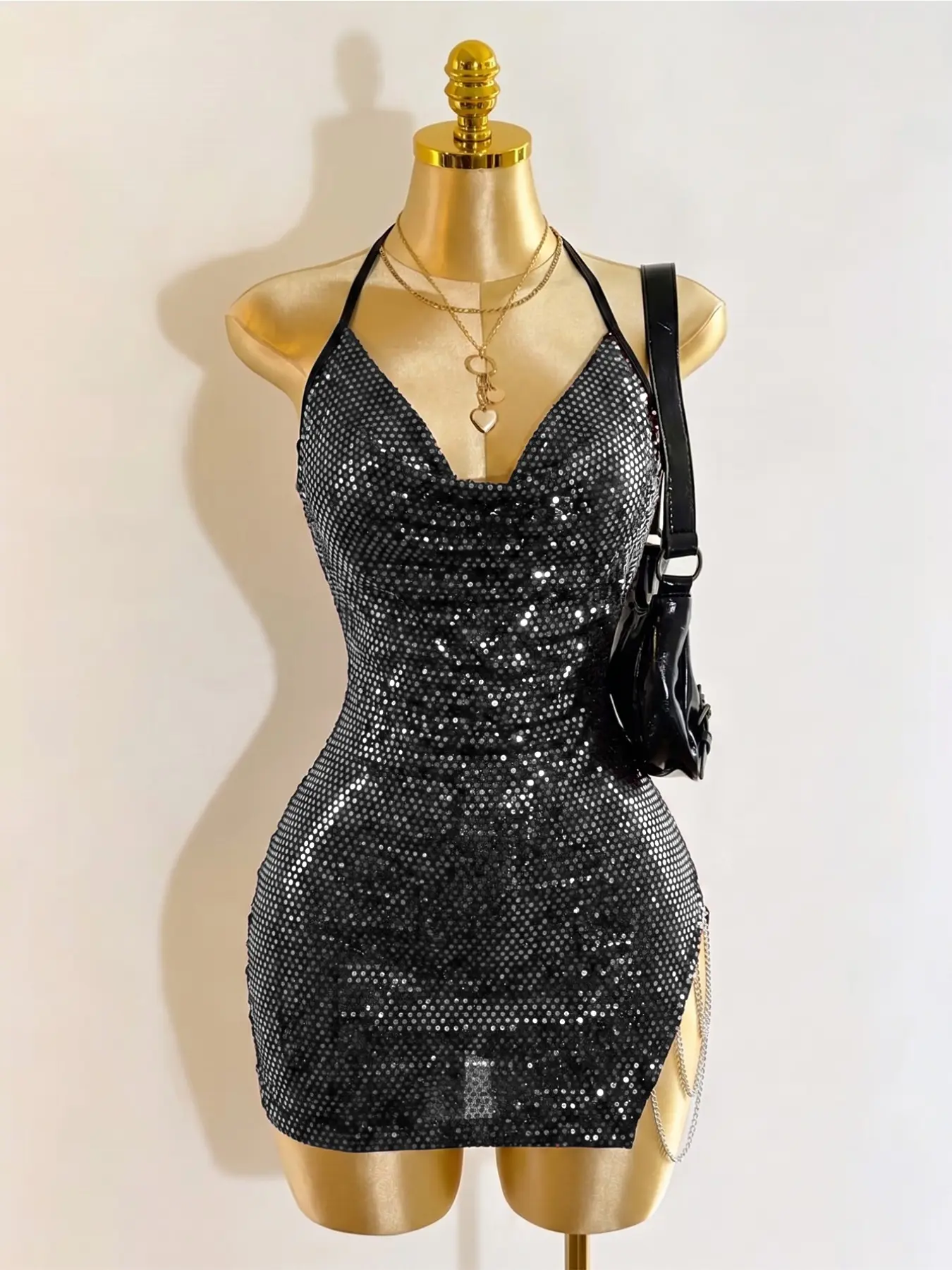 Burgundy Sequin Halter Mini Dress, Slim-Fitting Bodycon Dress with Side Chain Split, Sparkly Evening Chic Club Night Out Dress for Women