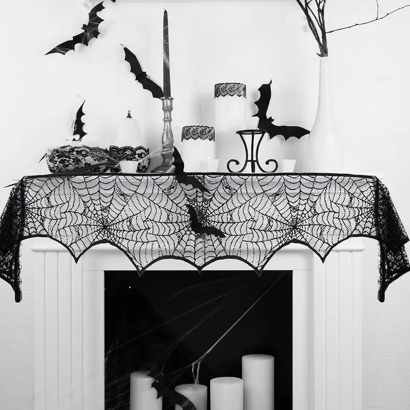 Black Lace Spiderweb Mantel Scarf, 18 x 96 Inch Halloween Fireplace Decor, Spooky Lace Mantel Runner, Indoor Halloween Home Decoration for Fireplace Mantel Holiday Party Supplies
