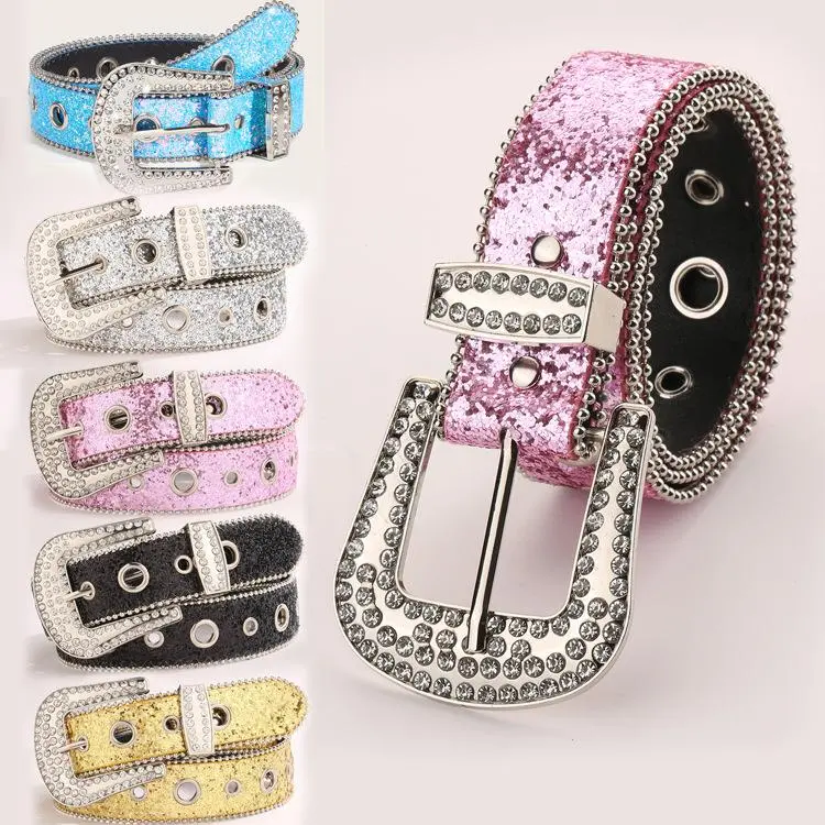 Women’s Sparkly Rhinestone Pin Buckle Glitter Sequin PU Leather Belt, Eyelet Y2K Wide Decor Waist Belt for Jeans, Club & Party Outfits