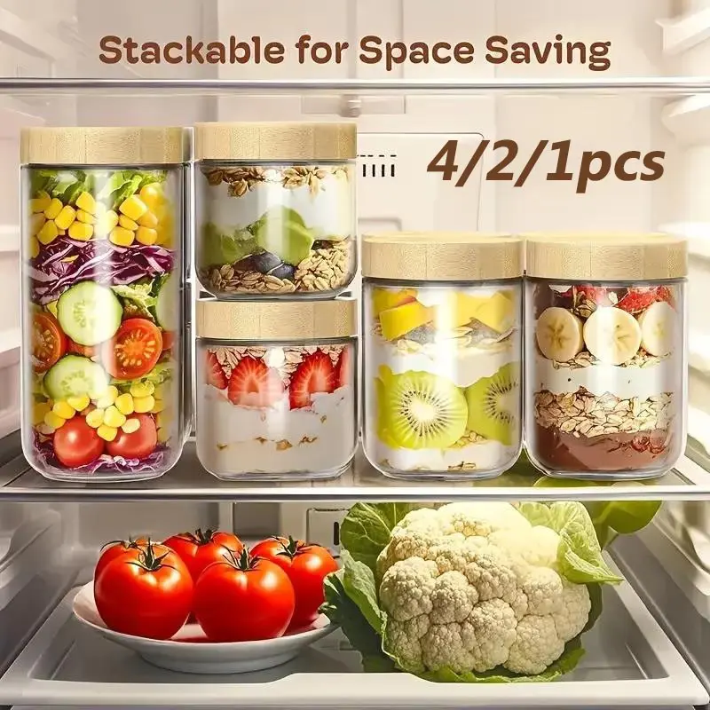 4/2/1 Piece 300ML Glass Cup with Lid, Overnight Oat Container, Yogurt, Chia Seed Snack Storage, Durable Kitchen Organizer, Preserving Containers