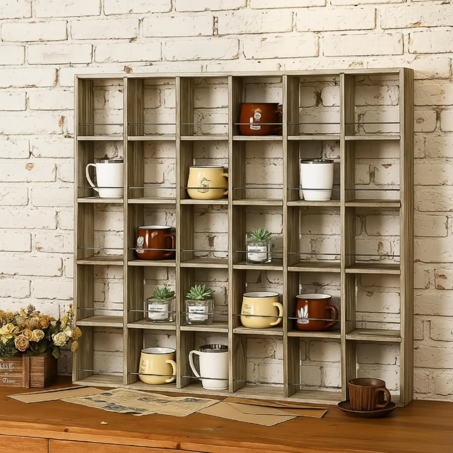 Oversize Coffee Mug Display Rack Wooden Shelves Rustic Shot Glass Display Case Travel Mug Shelf Wall Mounted Rack Holder Shadow Box(5 x 6,Brown)