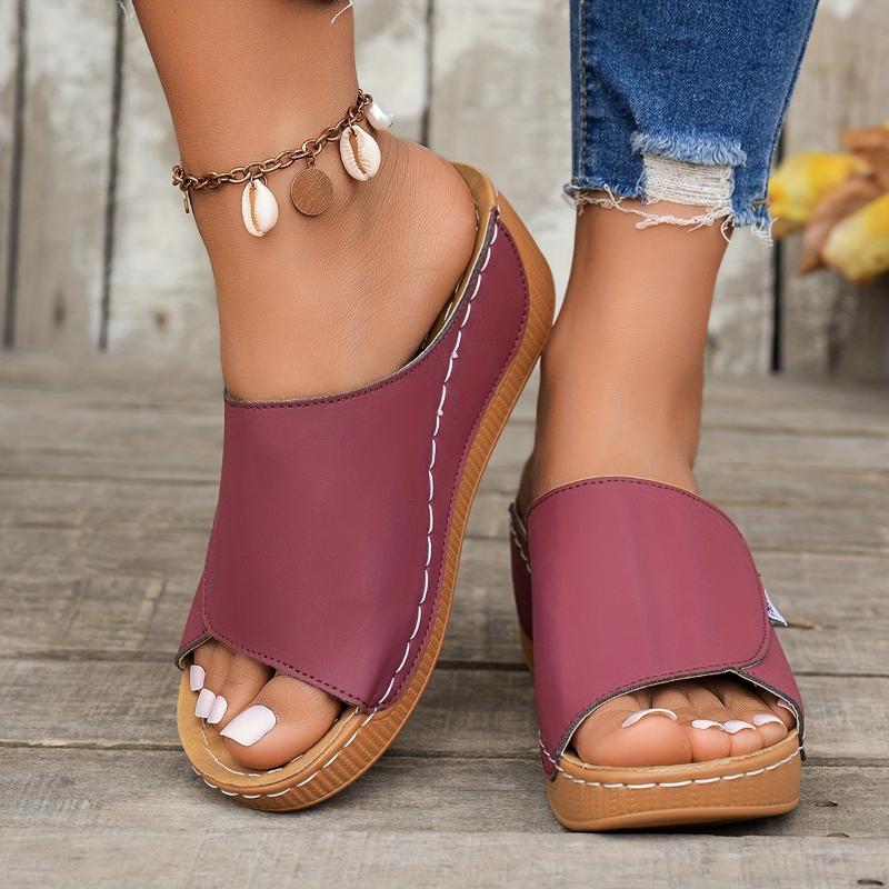 Women's Comfortable Arch Support Slide Sandals - Breathable, Stylish, Soft Sole, Mid-Heel, Open Toe With Faux Cover Straps - For Casual Attire In Maroon, Black, White, Blue, And Brown, Ladies Sandals