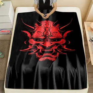 [All-Season Blanket]Japanese Oni Mask Flannel Blanket, Home Office Nap Blanket for Four Seasons, Machine Washable Flannel Blanket, Fine Workmanship