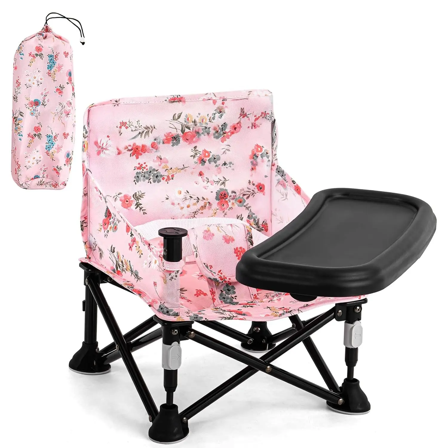 Booster Seat for Kitchen Chair with Removable Tray, Portable Foldable Baby Toddler Chair for 6-36 Months, Indoor Outdoor Camping Seat, Pink Floral Design(Gift)