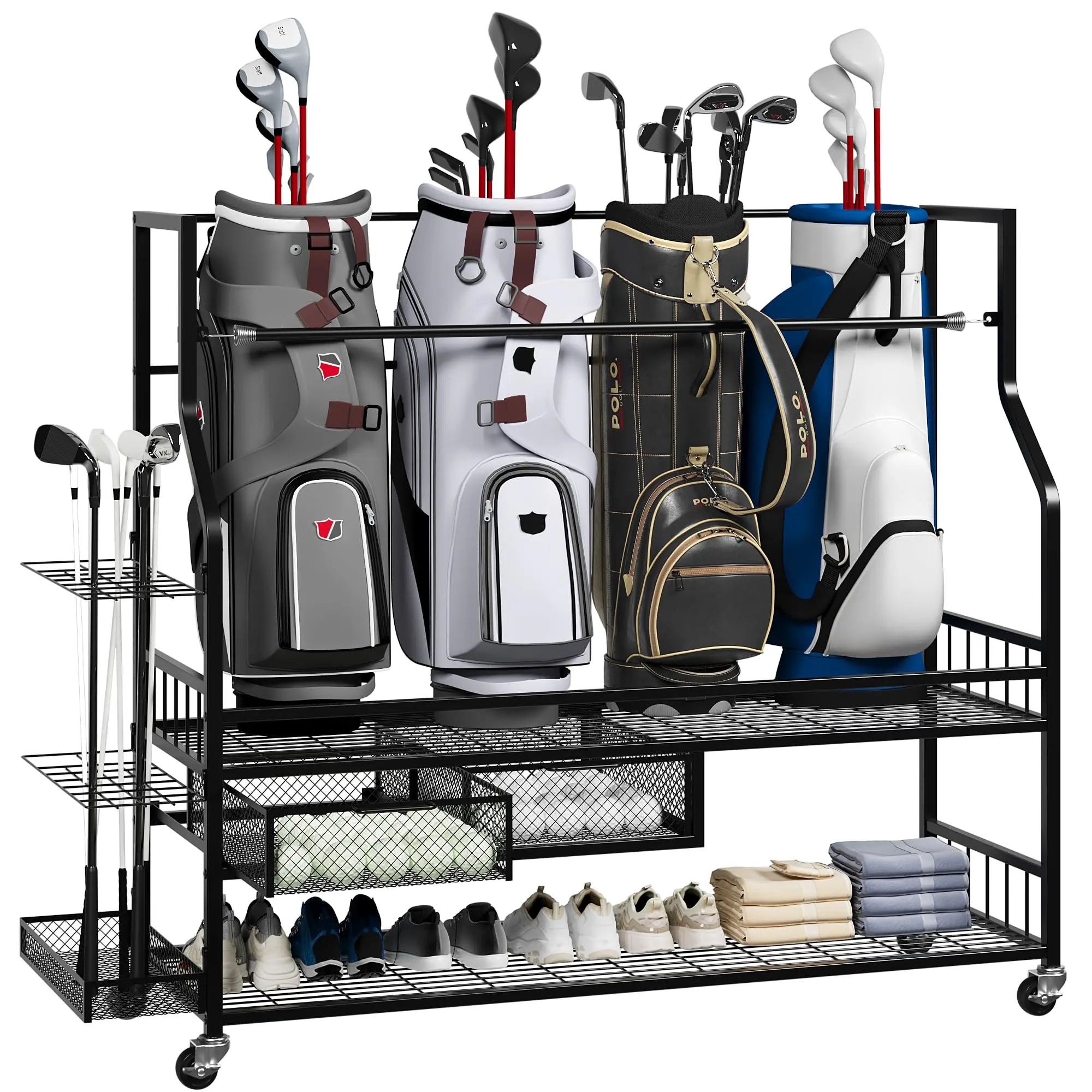GARVEEGolf Bag Storage Garage Organizer,Golf Bag Storage Rack w/Drawer for Golfing Bags, Clubs, Balls, Gadgets, Accessories & Equipment,Golf Bag Stand w/Wheels for Home, Golf Course