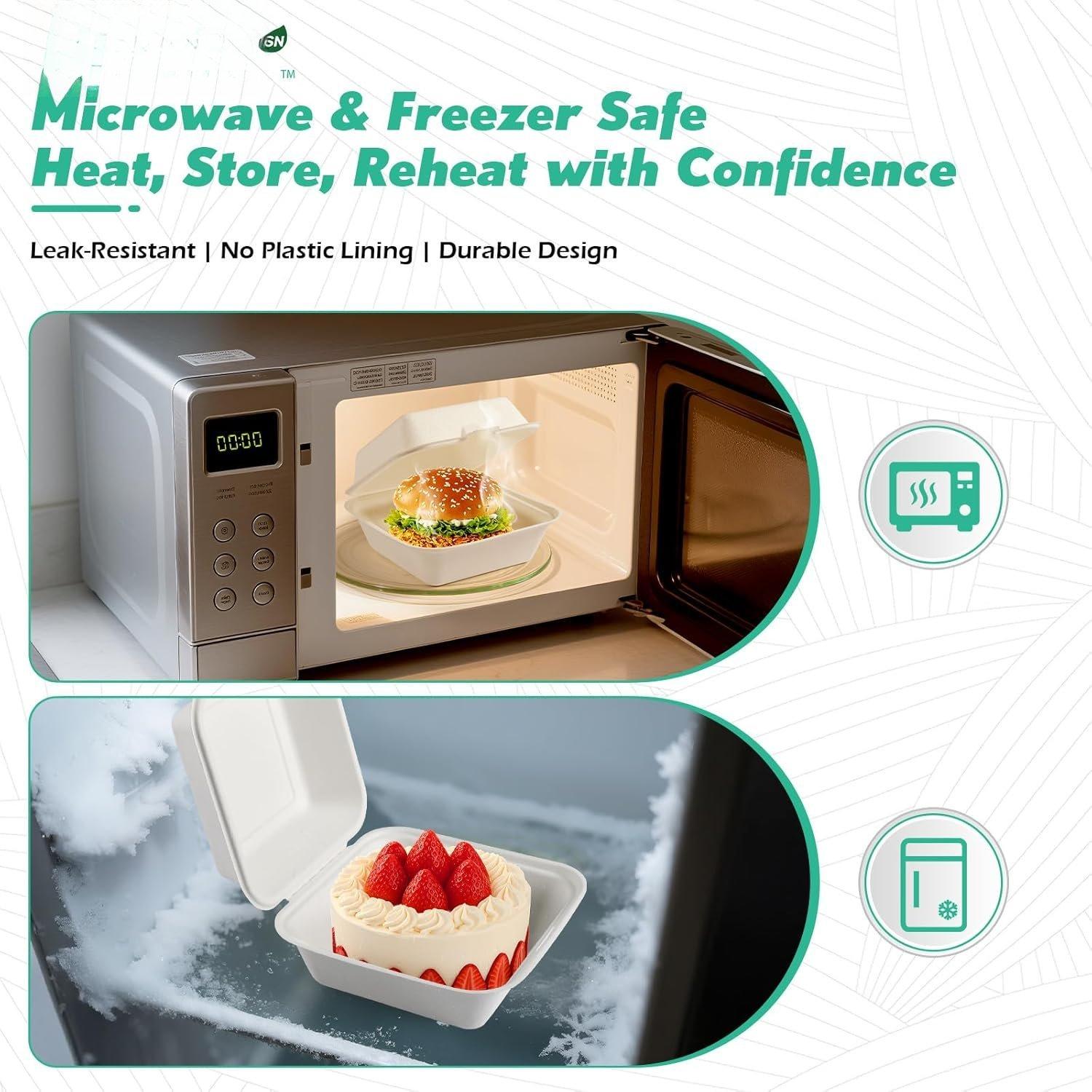 [6x6, 128-Pack Compostable Clamshell Take Out  Containers, Biodegradable Bagasse Paper To-Go Boxes for Burgers, Sandwiches, Cake, , Microwave & Freezer Safe (White)