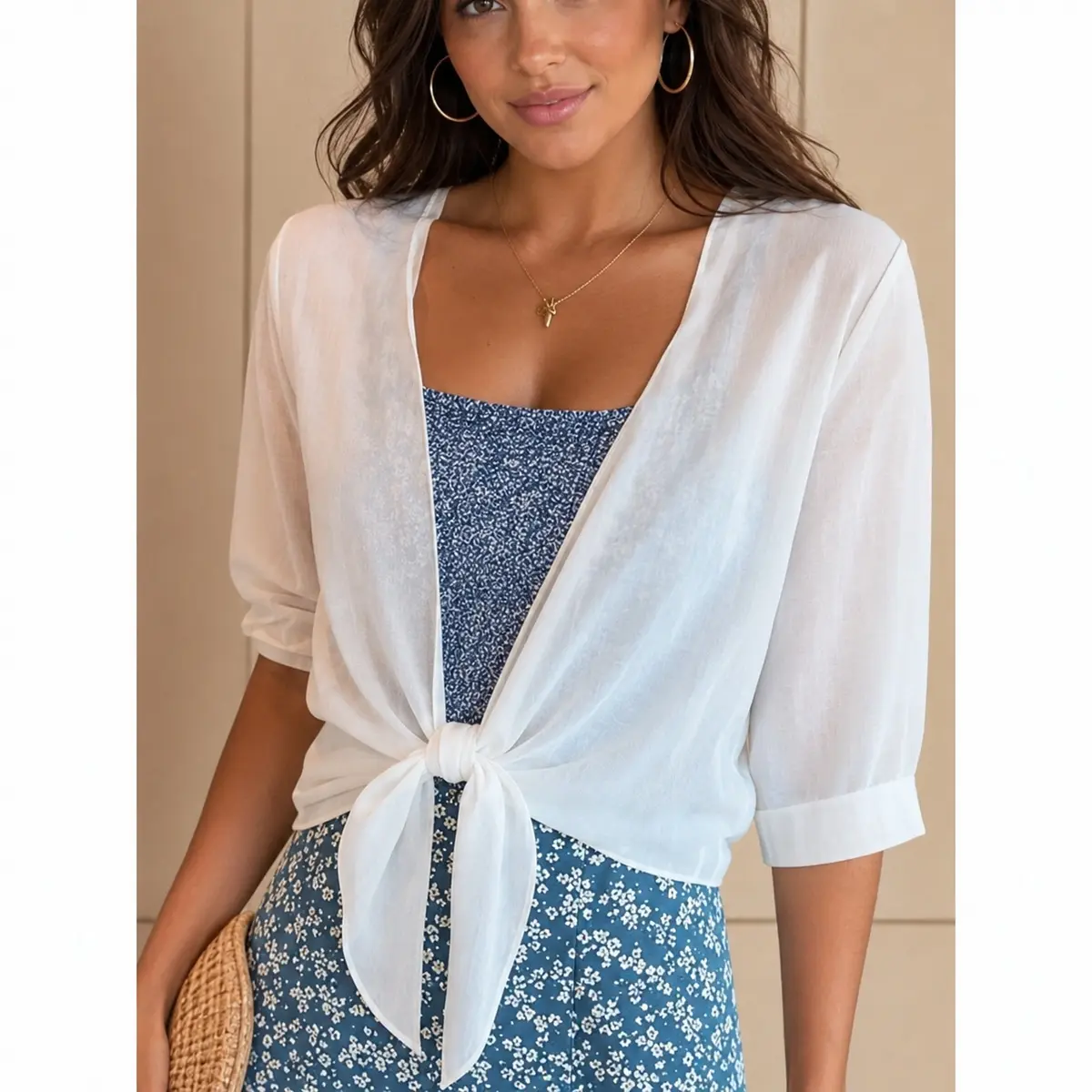 Women's Summer Solid Color Chiffon Cardigan, Half Sleeve Short Tie Knot Open Front Shrugs, Ultra Thin Lightweight Sheer Sunscreen Cover Ups for Dresses,womens vacation clothes,front tie top