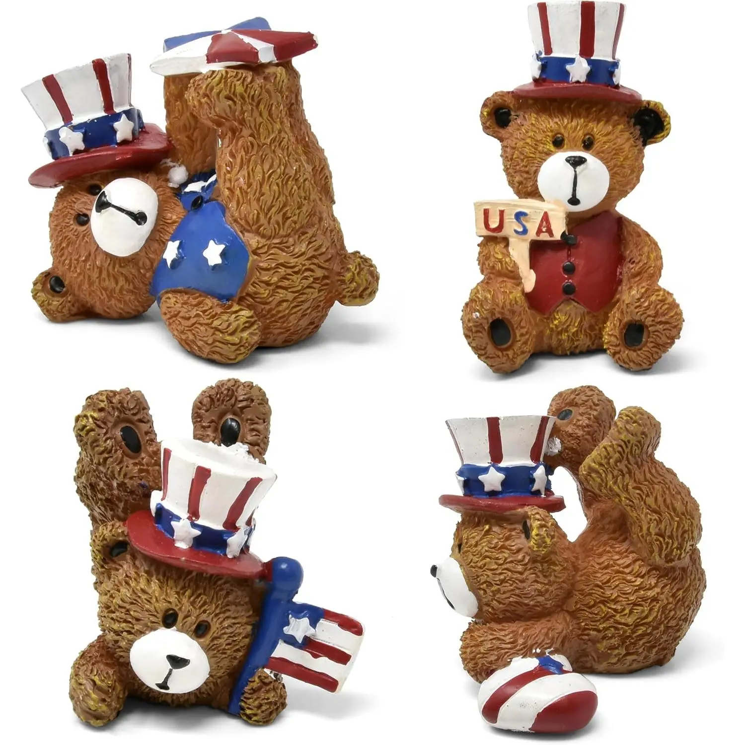 Patriotic  Figurines Set 4 Mini Teddy Bears Uncle Sam  Table Top Decor July 4th Centerpiece  Mantle Shelf  Party Decorations