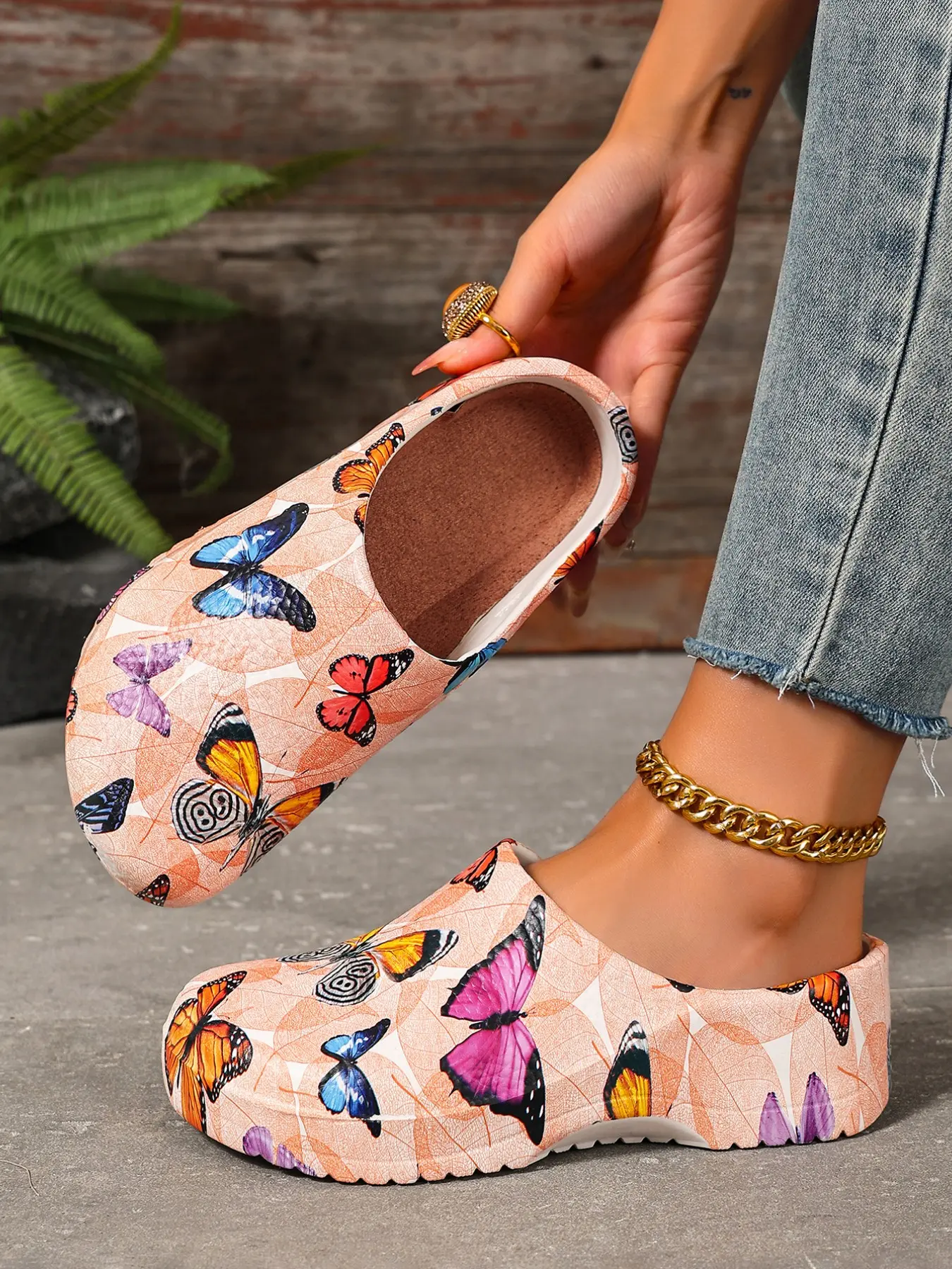Women's Slip-On Mules, Vegan Mules, Elegant Footwear, Elegant Butterfly Print, Lightweight Eva Material, All-Season Closed-Toe Shoes, Indoor/outdoor, Durable & Comfortable
