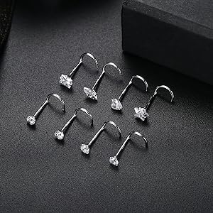 MILACOLATO 8count 20G Nose Rings Studs for Women Men Star Marquise Heart Square Round Shaped CZ Nose Stud L Shape Nose Ring Body Piercing Jewelry