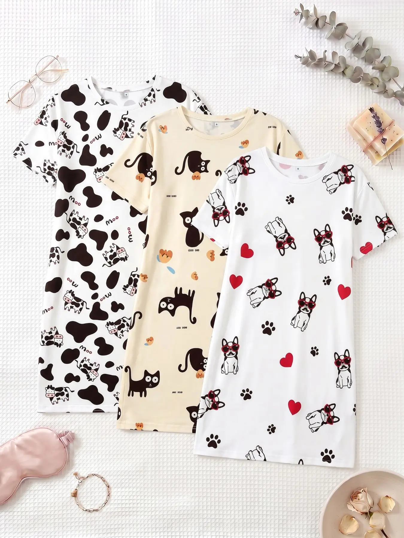 3-Pack Women's Nightdresses, Round Neck Short Sleeve, All-Season Comfortable Breathable, Cute Dog Cat Cow Print, Casual Home Wear, Loungewear, Nightwear