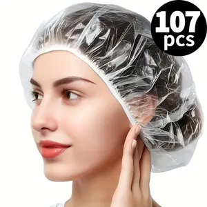 107 Pcs Disposable Transparent Elastic Shower Caps, Durable Elastic Design Not Easy to Break, Suitable for Deep Cleaning, Kitchens, Hair Salons, Spas, Travel, Gyms, Hotel Use, Unisex