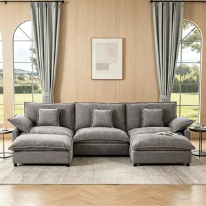108" U-Shaped Modular Cloud Couch, 3-Seater Deep Seat Chenille Sectional Sofa, Comfy Fluffy Sofa with Movable Ottoman, Sturdy Steel Frame Support, Easy Assembly Oversized Lounge Sofa for Living Room, Family Room