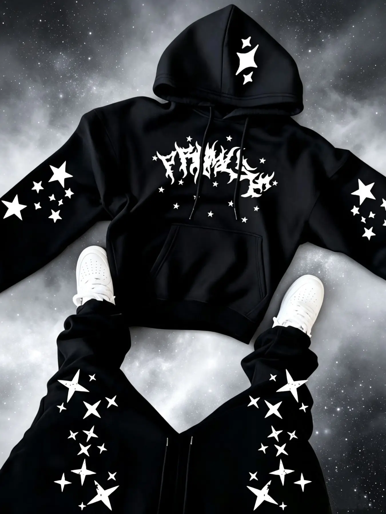 Men's Trendy Versatile Set, Letter Star Pattern Print Hoodie + Outdoor Drawstring Pants, Fashion Casual Outdoor Suit