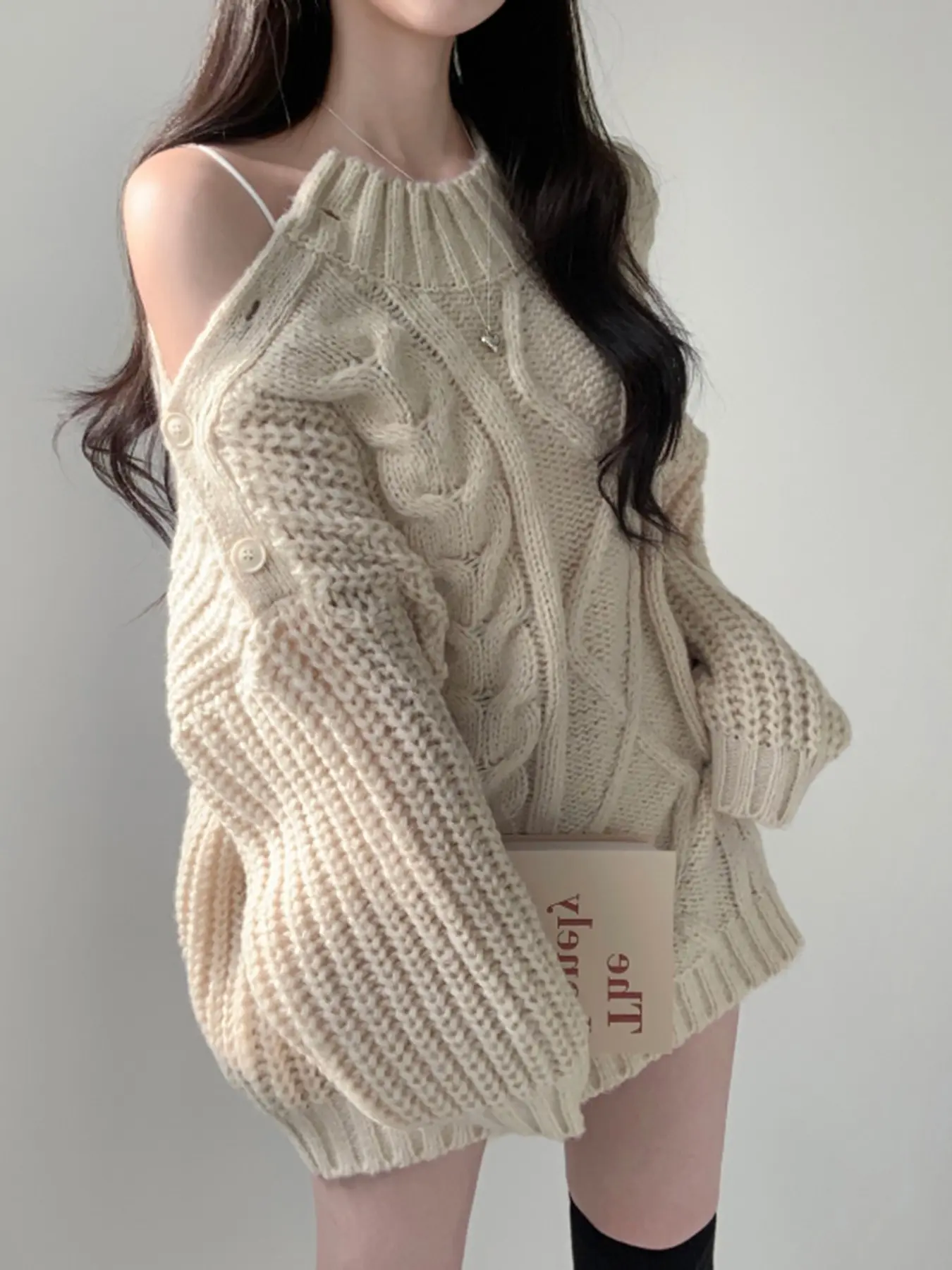 New Fashion Korean Style Off-Shoulder Long Sleeve Simple Solid Color Women's Knit Sweater Dress, Loose Casual Versatile Woolen Dress, Office Commute Lazy Wind Relaxing, Date Night Wear