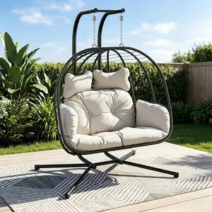 Double Egg Chair with Stand for Patio, Outdoor Indoor Hanging Swing Chair with Cushions, Wicker Rattan, 700lbs Capacity, Waterproof Sunproof for Balcony Garden Porch,,Summervibes