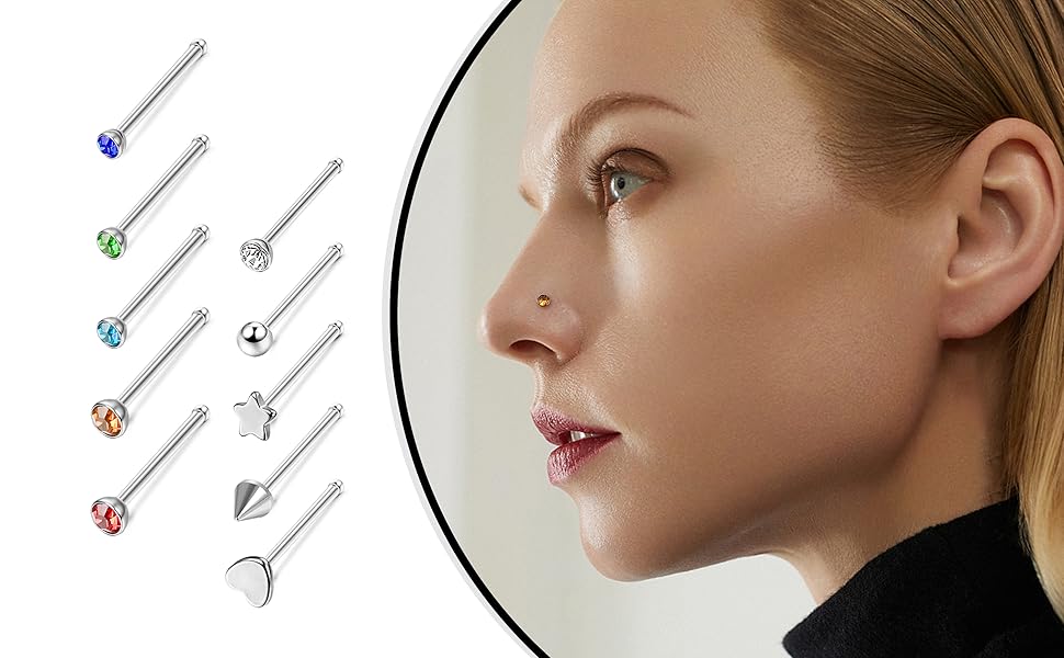 FIBO STEEL 200 Pcs 316L Stainless Steel Nose Ring Studs Set for Women Men Nose Hoops L Shaped Screw Bone Nose Studs Ring Nose Piercing Jewelry SpringStatements