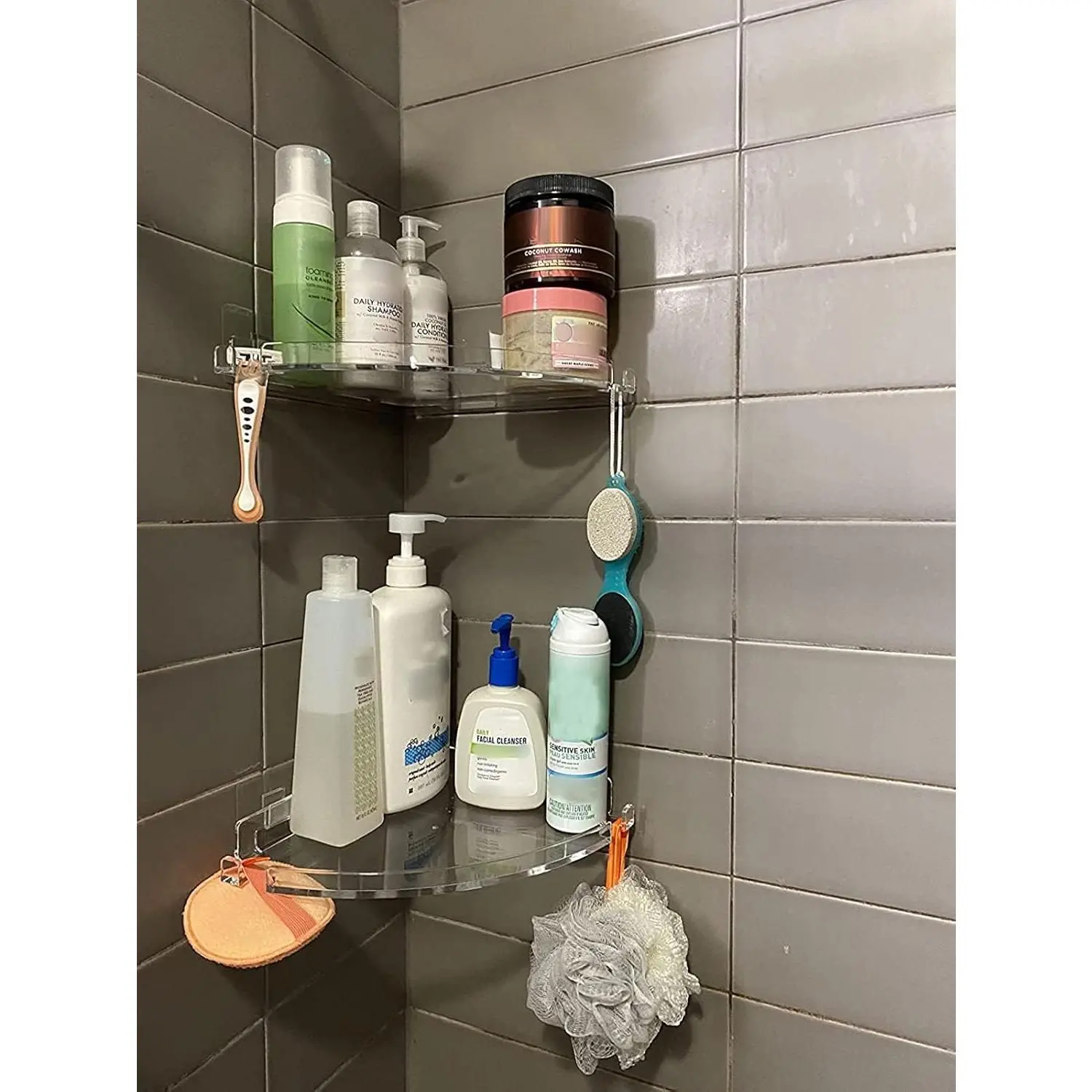 Adhesive Acrylic Corner Shower Caddy 2 Pack, Rustproof Bath Shelf | Thick clear acrylic, rustproof & mildew resistant. No-drill adhesive mount for corner. For shower, kitchen or bathroom