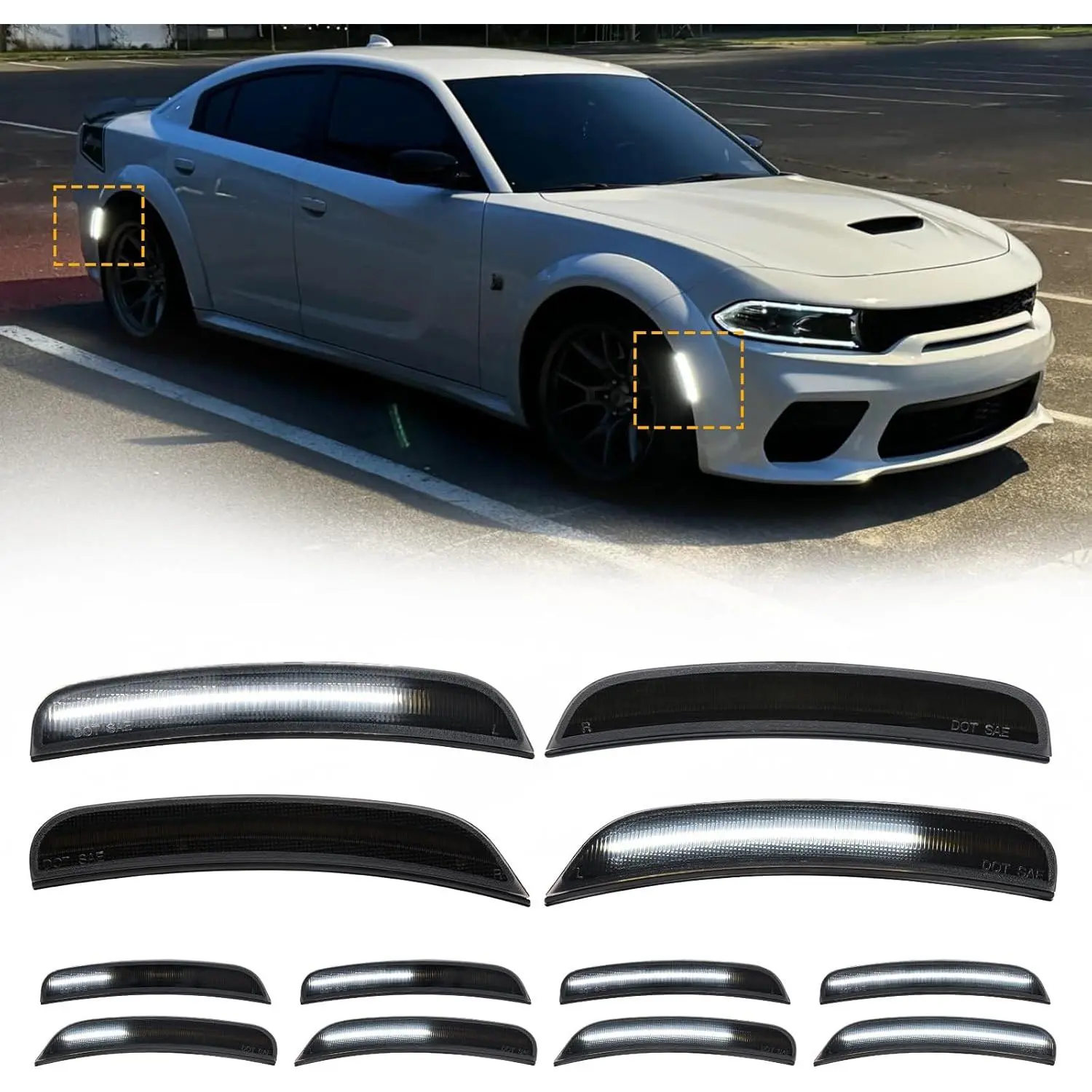 4PCS Dynamic White LED Side Marker Lights Compatible with Dodg'e Charger 2015-2023, Front & Rear Bumper Marker Position Lamps Smoked Lens Side Markers Light Fender Parking Assembly