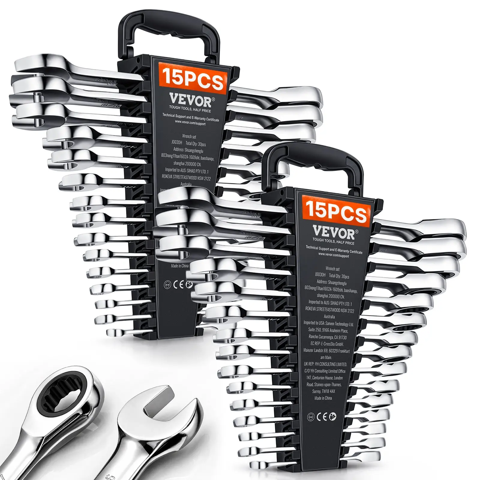 VEVOR 30-Piece Ratcheting Combination Wrench Set, Dual Metric/Imperial (SAE), Cr-V Steel Construction, Included Organizer Rack
