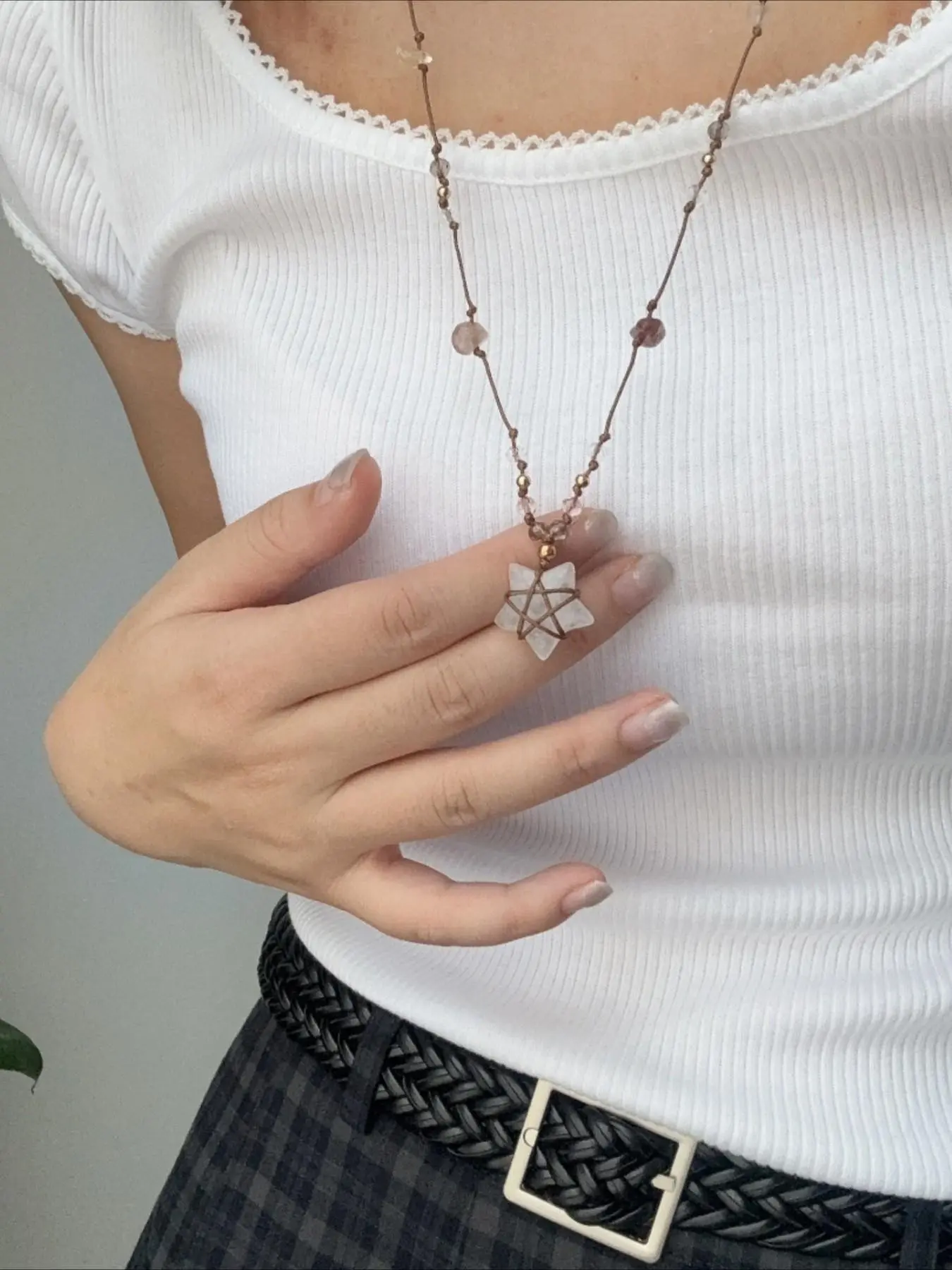 Handmade Braided Rope Crystal Star Pendant Necklace, Adjustable Length, Elegant Geometric Design, Fashionable for All Seasons, Crystal Jewelry