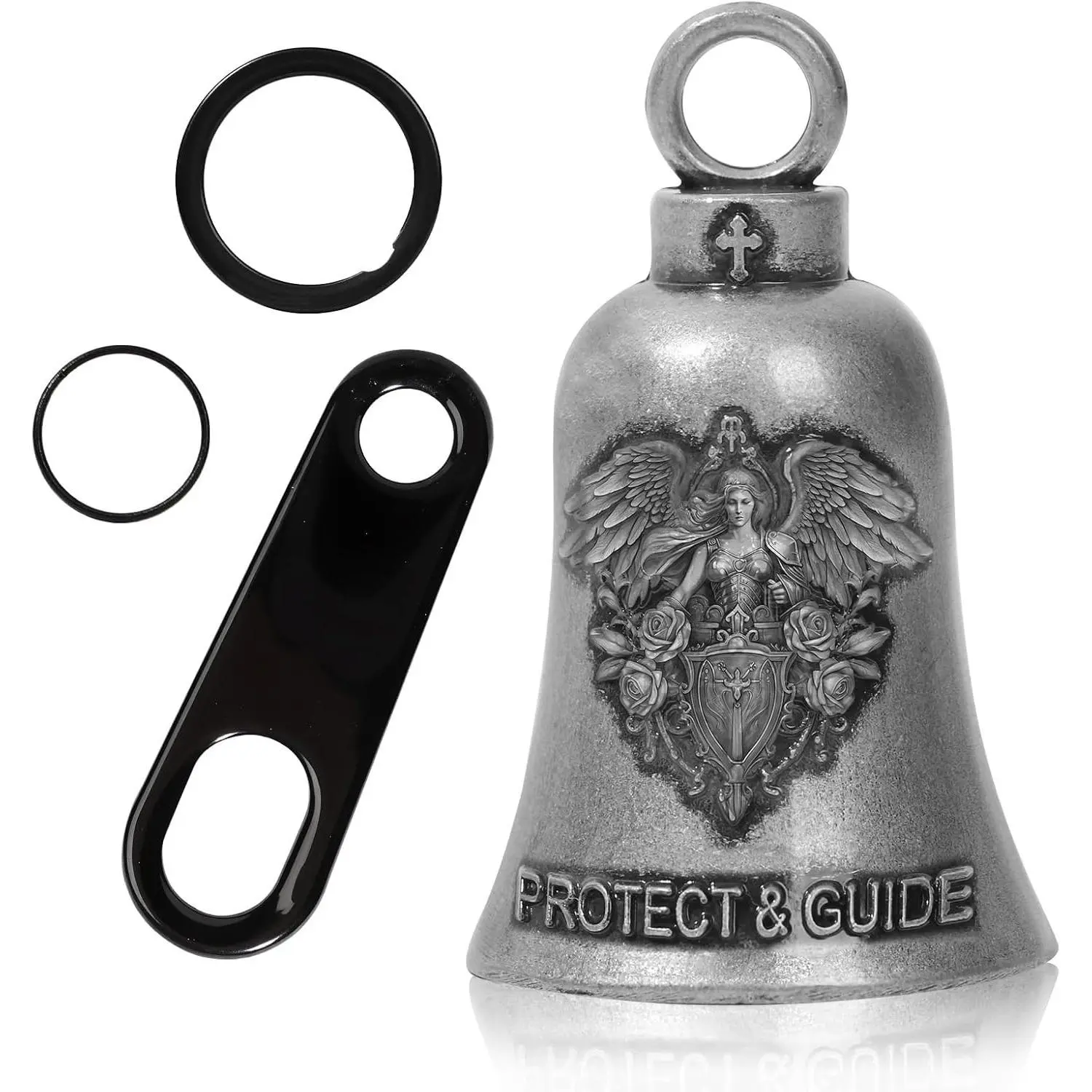 Motorcycle Guardian Angel Bell, Zinc Alloy Good Luck Charm for Bikers, Unisex Rider Gift Set with Hanger, Keyrings, Gift Box, Anti-Corrosive, Rustproof, Angel Figure, Protect & Guide, Offer Protection to Motorcyclists