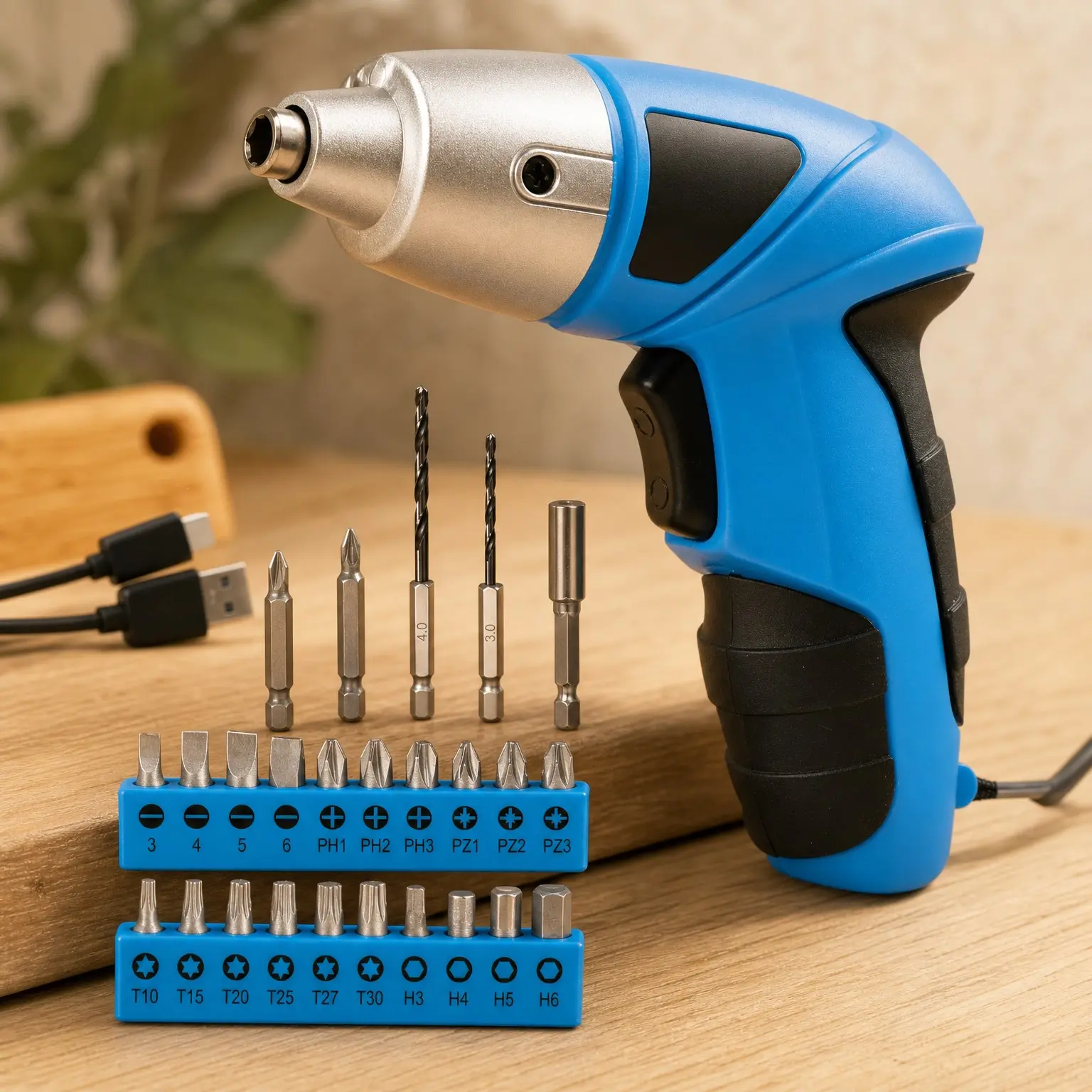 3.6V USB Electric Screwdriver with 27-Piece Bit Set, LED Light, Compact Grip for Home Repairs and Assembly, Blue - Fast Assembly, Quick Household Fixes, Organized Storage