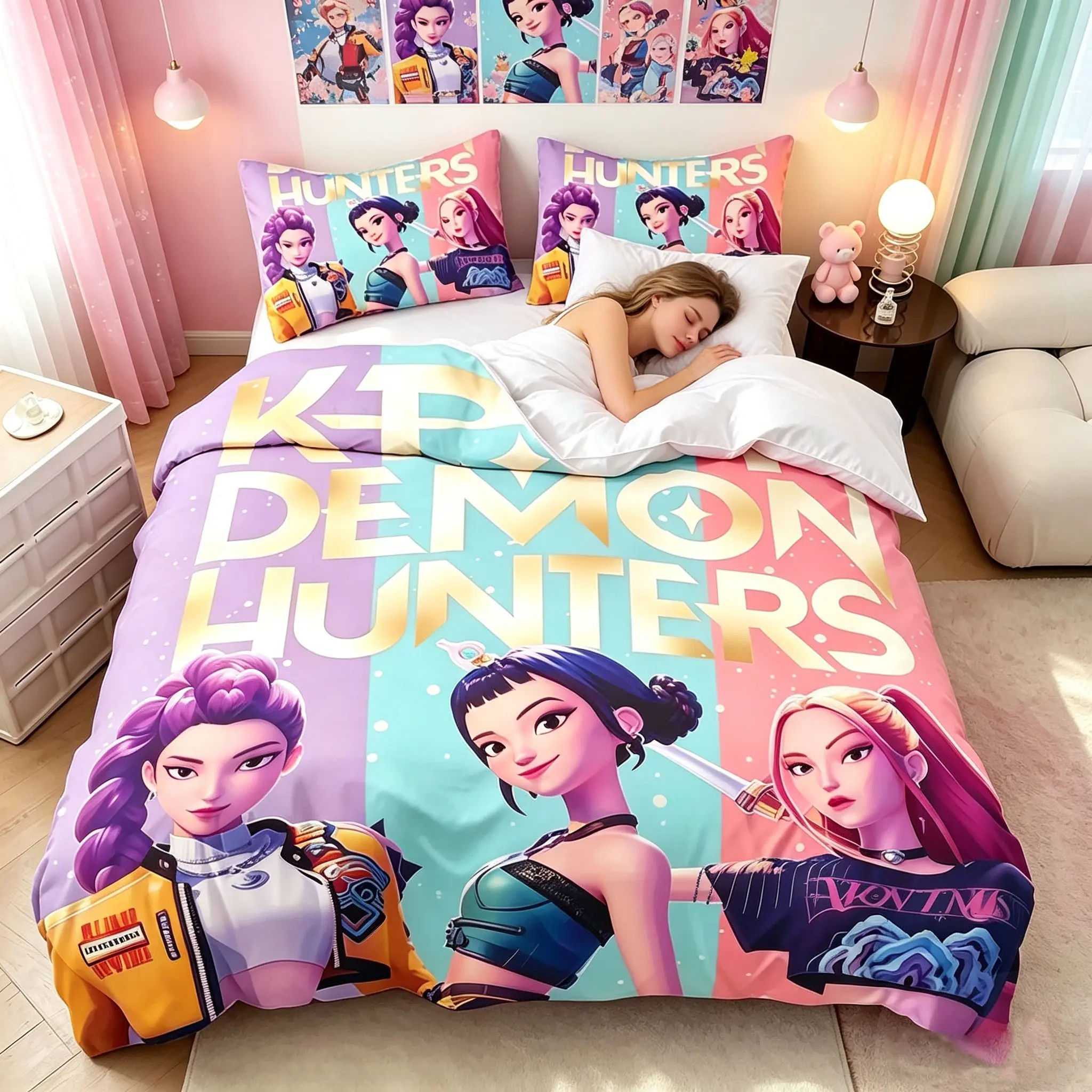 3-Piece Girl Group Print Quilt Cover Set, Includes 1 Quilt Cover and 2 Pillowcases, Soft Comfortable Matching Bedding, Bed Sets Supplies, Ideal for Bedroom, Hotel or Dormitory