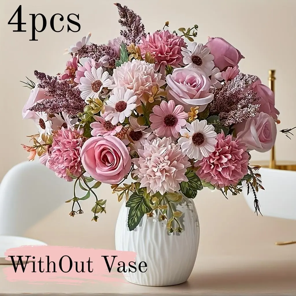4PCS Elegant Peony & Rose Artificial Flower Set, Decorative Artificial Flower Decorations, Faux Flowers, Light Hydrangea Accents, Elegant Flower Design, Perfect for Home, Living Room, Holidays, Weddings, No Container Included