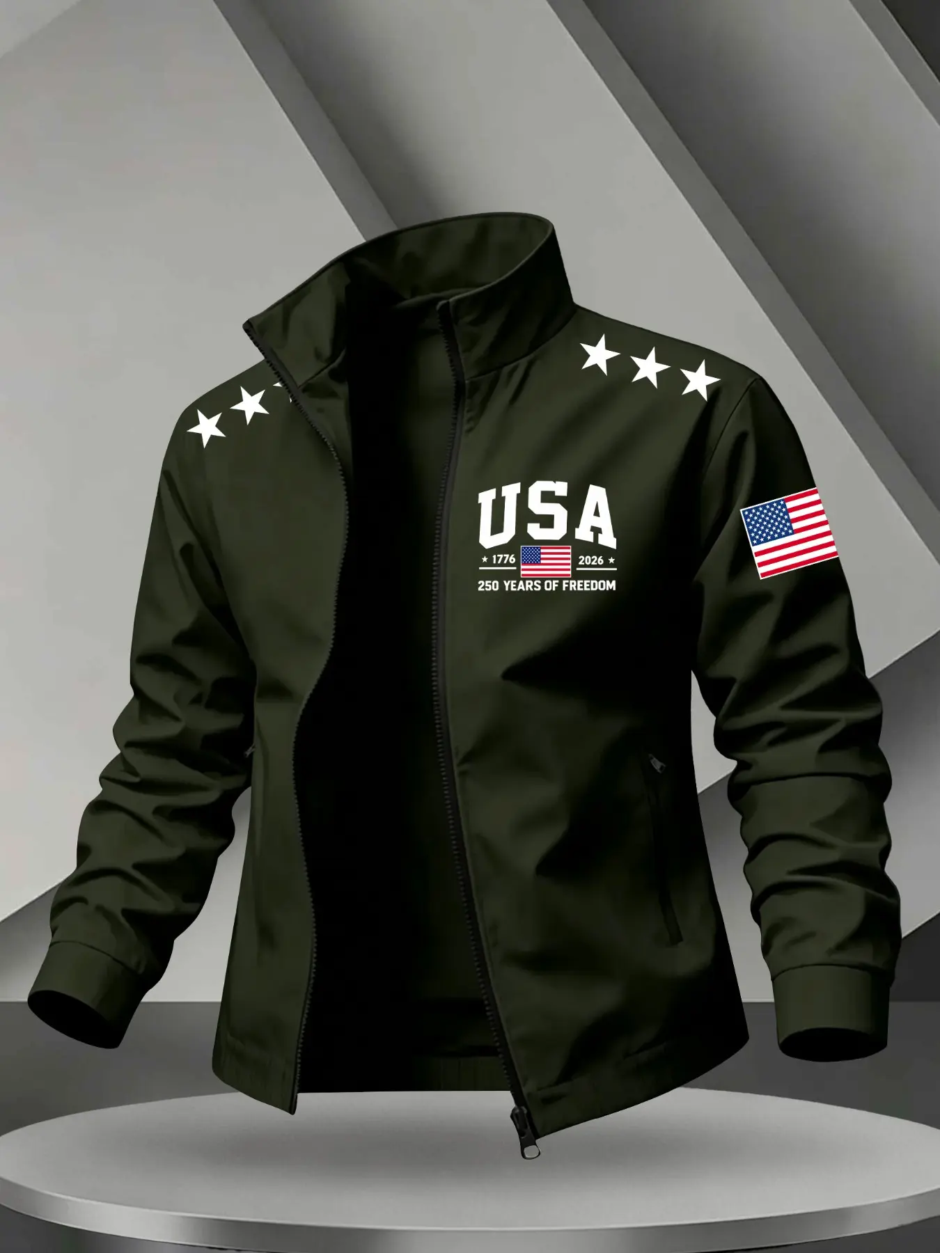 Men Stand Collar Zip Windproof Bomber Jacket, Casual Streetwear Jacket, USA 250 Years of Freedom Star American Flag Print Lightweight Casual Coat With Zipper Side Pockets For Travel Driving Daily Street Outerwear
