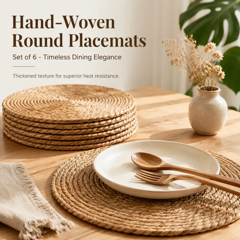 6 pack round hand woven water hyacinth placemats Boho Placemats Set thick heat resistant natural rattan table mats non slip washable boho farmhouse table decor for dining table kitchen party wedding