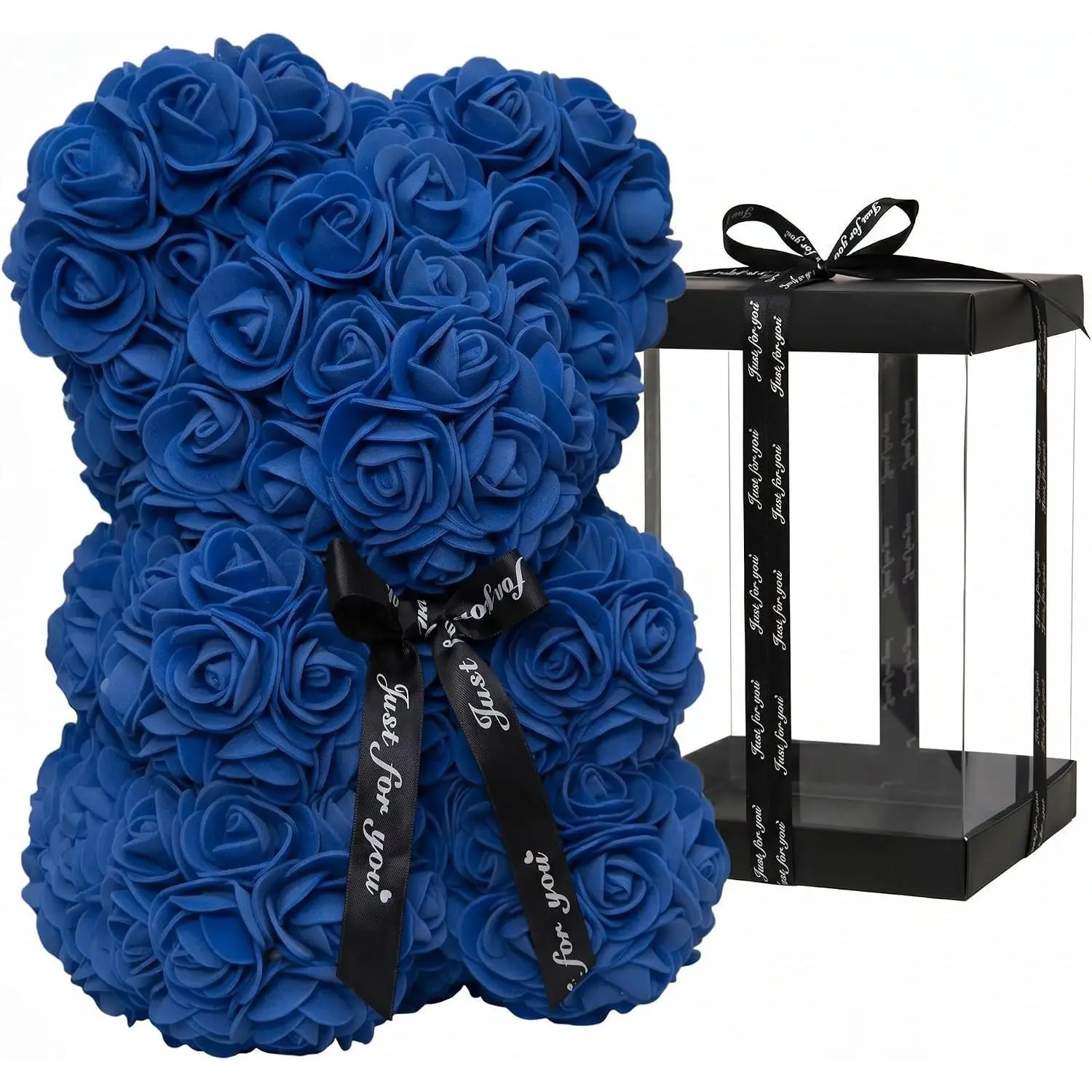 10 Inch Rose Bear with Clear Gift Box Valentine(Royal Blue) | Handmade, Forever Rose Teddy Bear, Gift for Valentine’s Day, Anniversary, Mother's Day, Birthday, Christmas, Bridal Shower