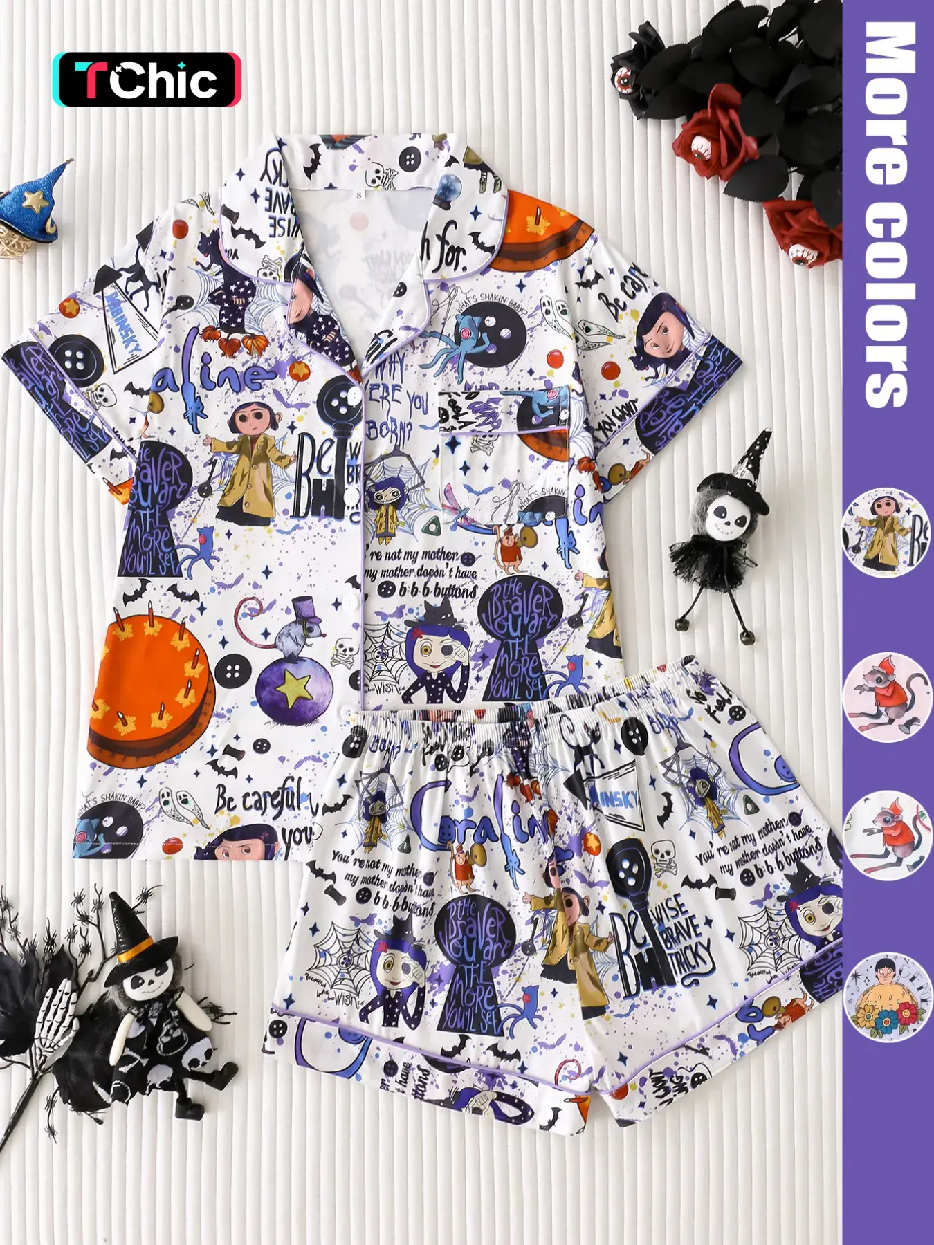 Two-Piece Matching Cartoon Fantasy Print Women's Pjs Pajama Set, Soft Satin Fabric, Collared Button Short-Sleeve Top & Shorts, Elegant Sleepwear Pyjamas