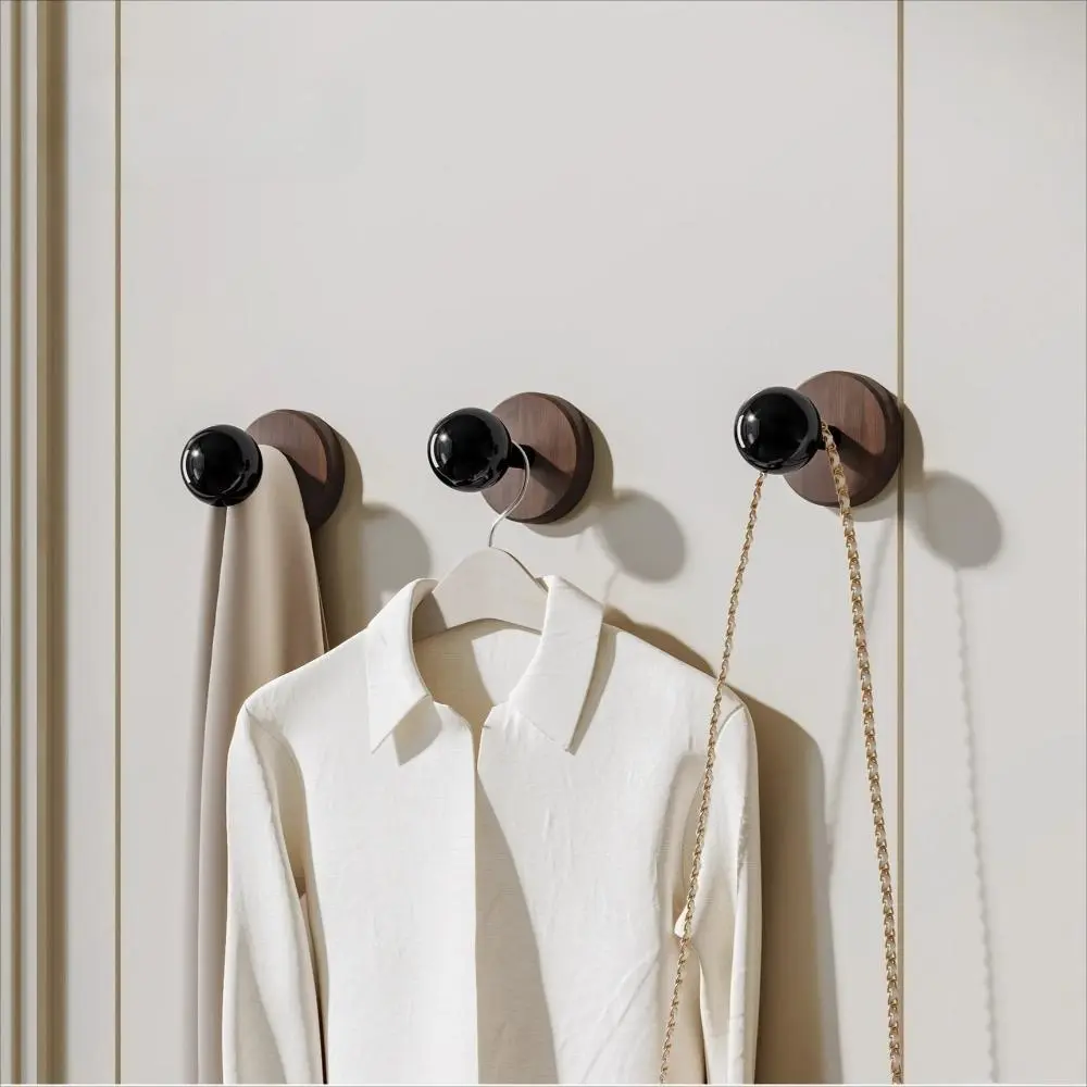 Walnut Wood Wall Hooks, Minimalist Heavy Duty Adhesive Mount for Entryway Room Decor, Damage-Free Hanging for Coats and Hats, Wooden, Bedroom, Adhesive Tape, No Wall Damage, Hassle-Free Installation
