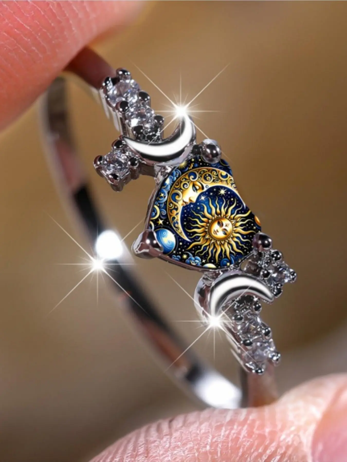 Sun, Moon, Stars, and Heart Ring - Double Crescent Moons Surrounded by Diamond Chips, Vintage Astrological Print, Mysterious Cosmic Style, Niche Accessory, Jewelry Rings, Ambiance-Creating Memorial Gift Jewelry
