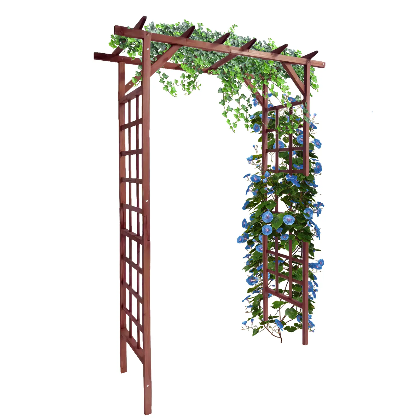85" Wooden Garden Arbor Trellis, Fir Wood Plant Support for Climbing Roses. Flat/Arched Top, Tool-Free Assembly. Outdoor Wedding Arch, Backyard Decor, Garden Entrance. Teak/Dark Brown Finish. Durable & Elegant