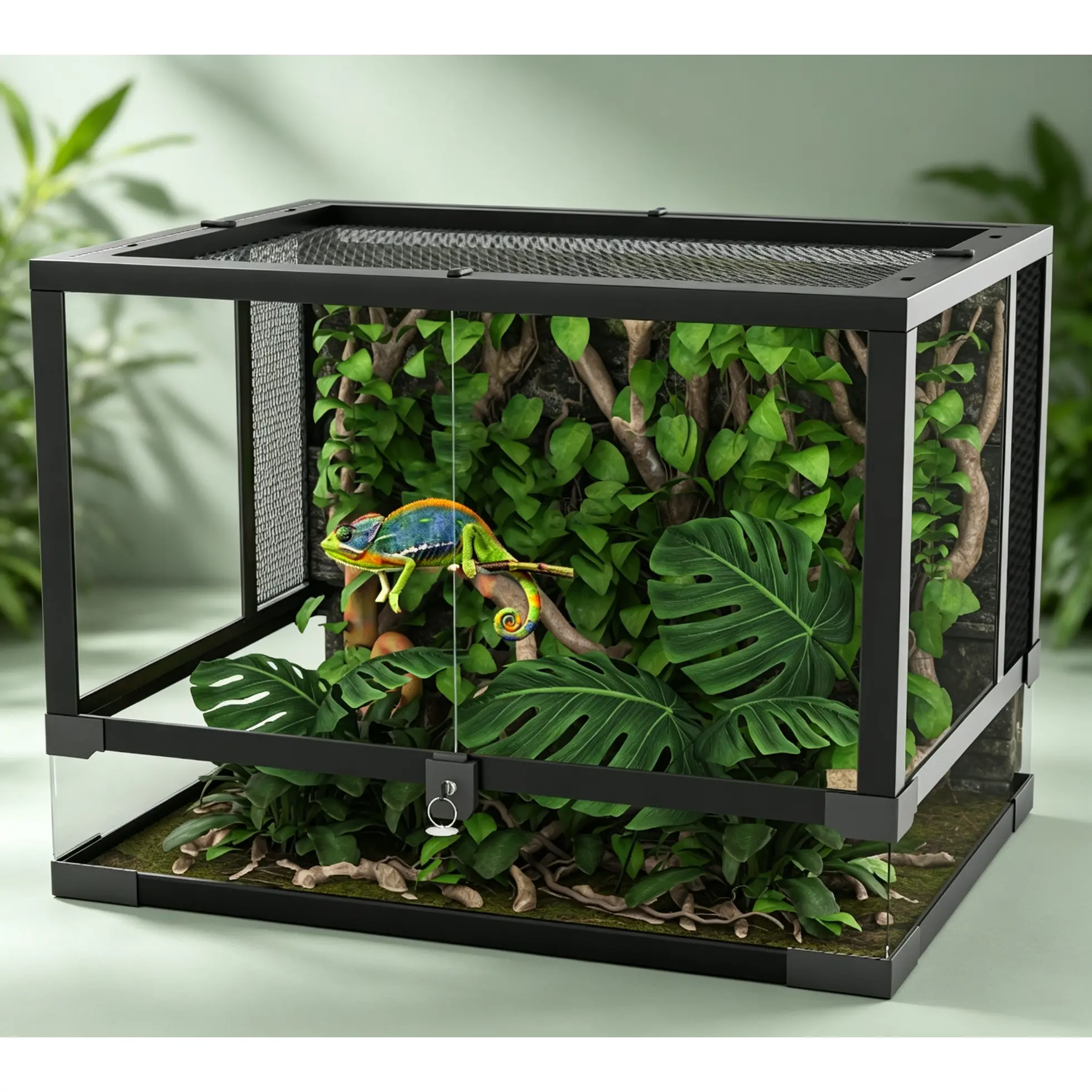 Tempered Glass Terrarium – 34/50/67 Gal, Waterproof Base & Mesh Top – for Reptiles & Amphibians – Black Frame