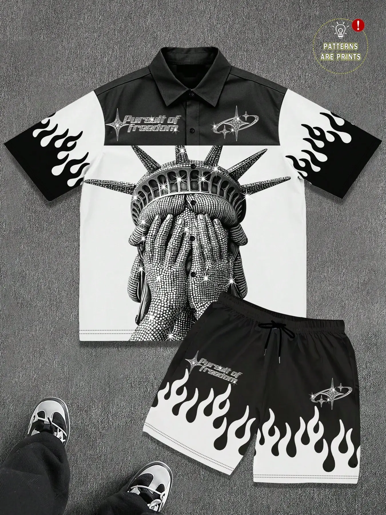 Men's Summer Casual Shirt and Shorts Set, Liberty Flame Print, Breathable Lightweight Fabric, Ideal for Daily Wear and Weekend, Casual Matching Sets