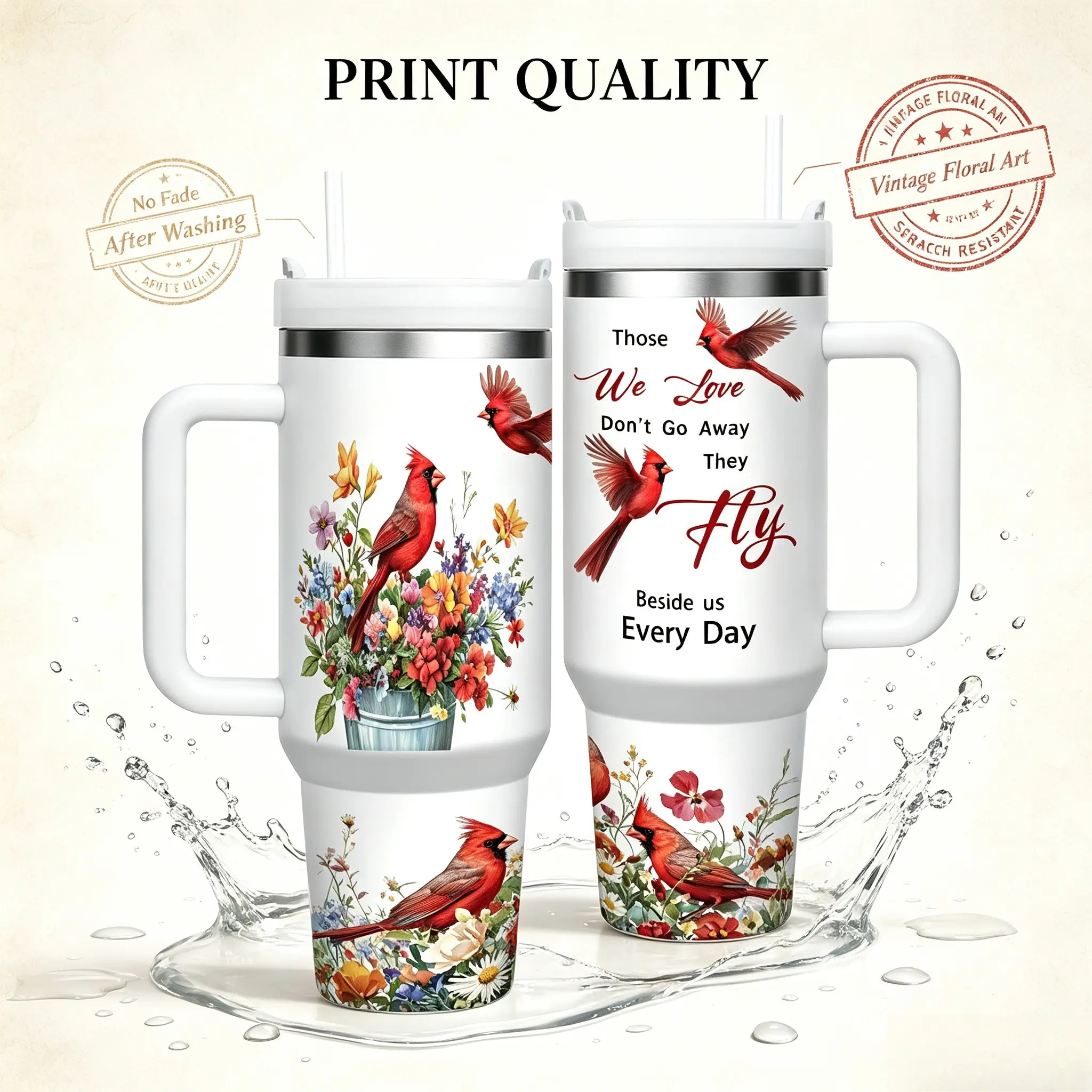 1 40 oz stainless steel thermos with "Those We Love Don't Go Away, They Fly Beside Us Every Day" copy, floral cardinal design, leak-proof travel mug, perfect for anniversaries, friends and family, birthdays, anniversaries,  special occasions