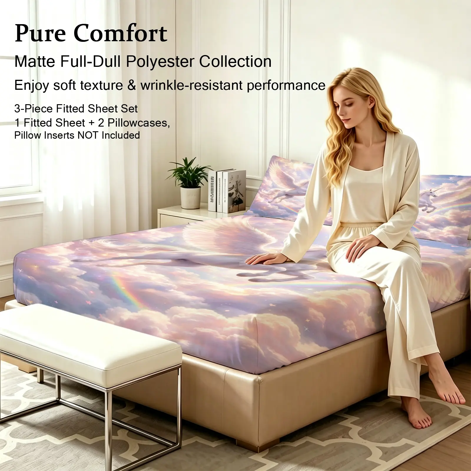 3pcs Fitted sheet Pastel Sky Rainbow Cloud Printed Bedding Set, Ultra Soft Microfiber Fitted Sheet Set, Wrinkle Resistant Breathable Fade Proof, 1 Fitted Sheet + 2 Pillowcases, Fits Twin Full Queen King Cal King Size for Bedroom Home Hotel