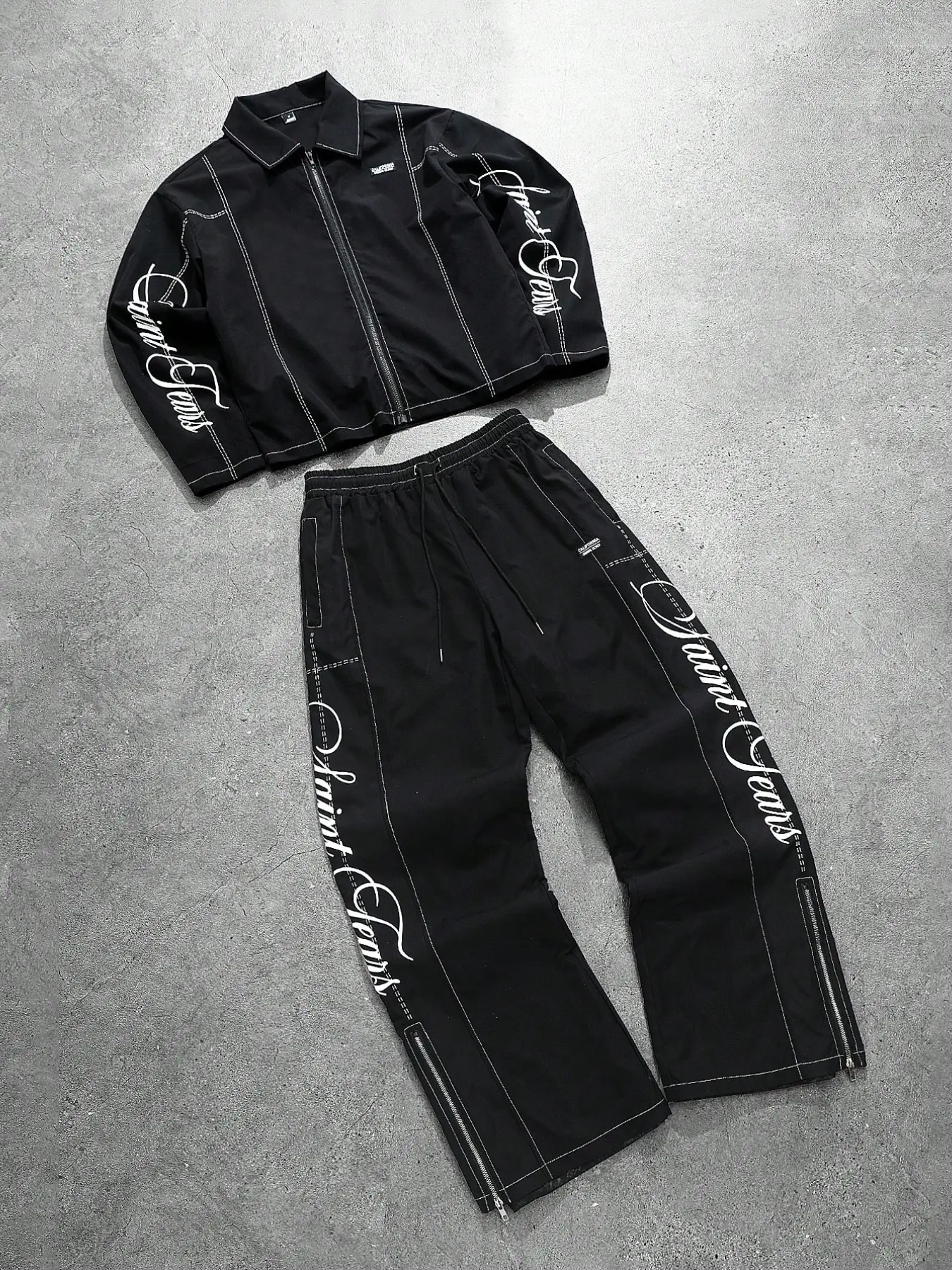Men's High Street Sport Set, Letter Print Zipper Jacket Shirt, Loose Straight Pants, Trendy Casual Two-Piece, Casual Sportswear Set, Casual Athletic Sportswear