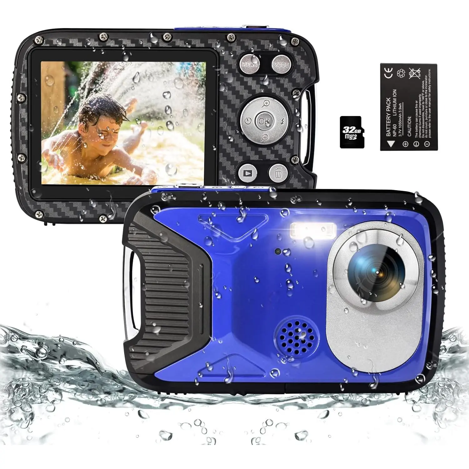 16FT Underwater Camera 30MP  Digital Camera with 32G Card and Rechargeable , 18X Point and Shoot Camera for Boys Girls  Teens Snorkeling Swimming (Blue)