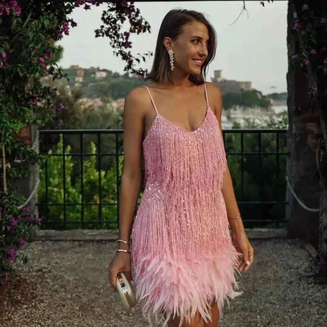 Women's Sequin Fringe Feather Dress Spaghetti Strap Deep V Mini Party Dress Elegant Formal Gown For Evening Event & Dating