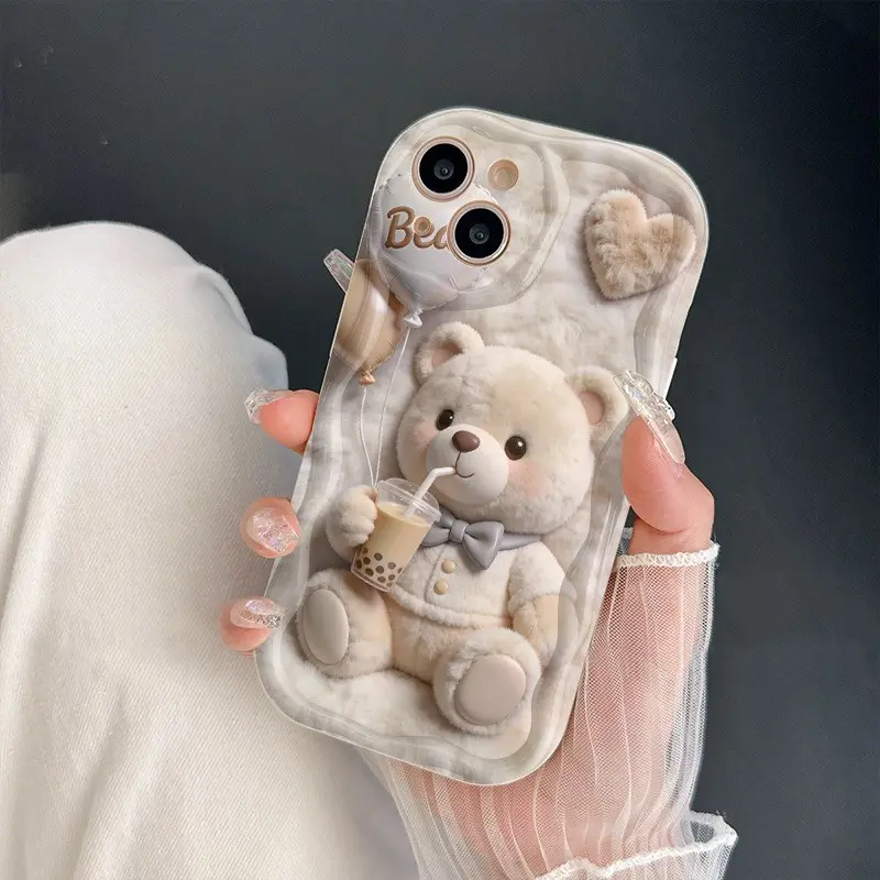 Cute Cartoon Bear Drinking Milk Tea Printed Soft Phone Case - Cute Accessories, Cartoon Character, 2D Flat Design, Drop-Proof, Scratch Resistant, Compatible with iPhone 17,16,15,14,13,12,11 Pro/Pro Max/Plus Series Protective Cover